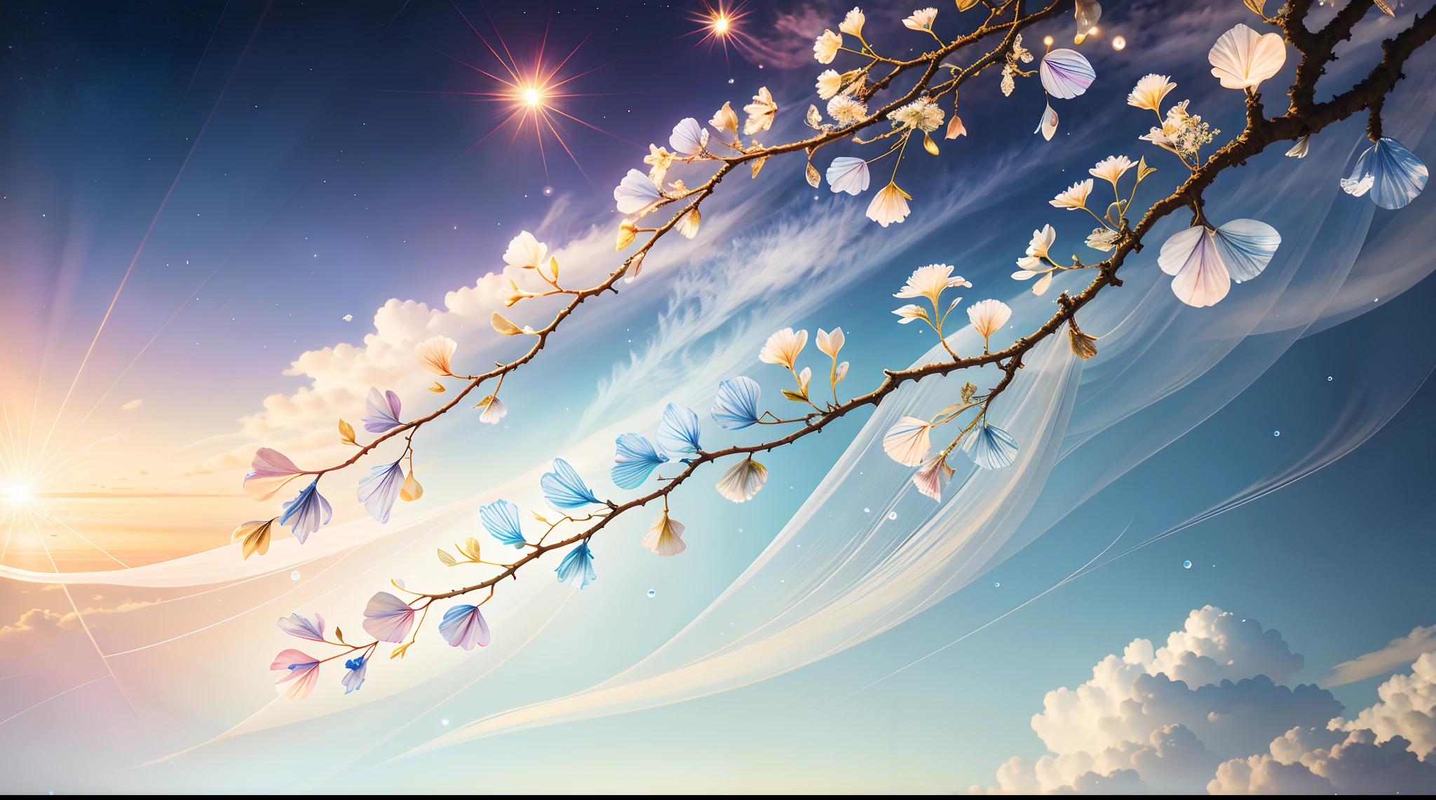 Delicate branches of roses, ultra-transparent, holy light, beautiful spectral light, petals glowing and shimmering, surrounded by light fog, transparent droplets, reflected light, bright, light flowing in, optics, portrait contours, sharp focus, magical, intricate, surreal, fantasy, composition, light, trends on artstation, pearls, water drops, patron god clouds of silver vapor, light blue leaves, corrosion enveloping ray family, 8k, ureal ar 23v4 uplight
