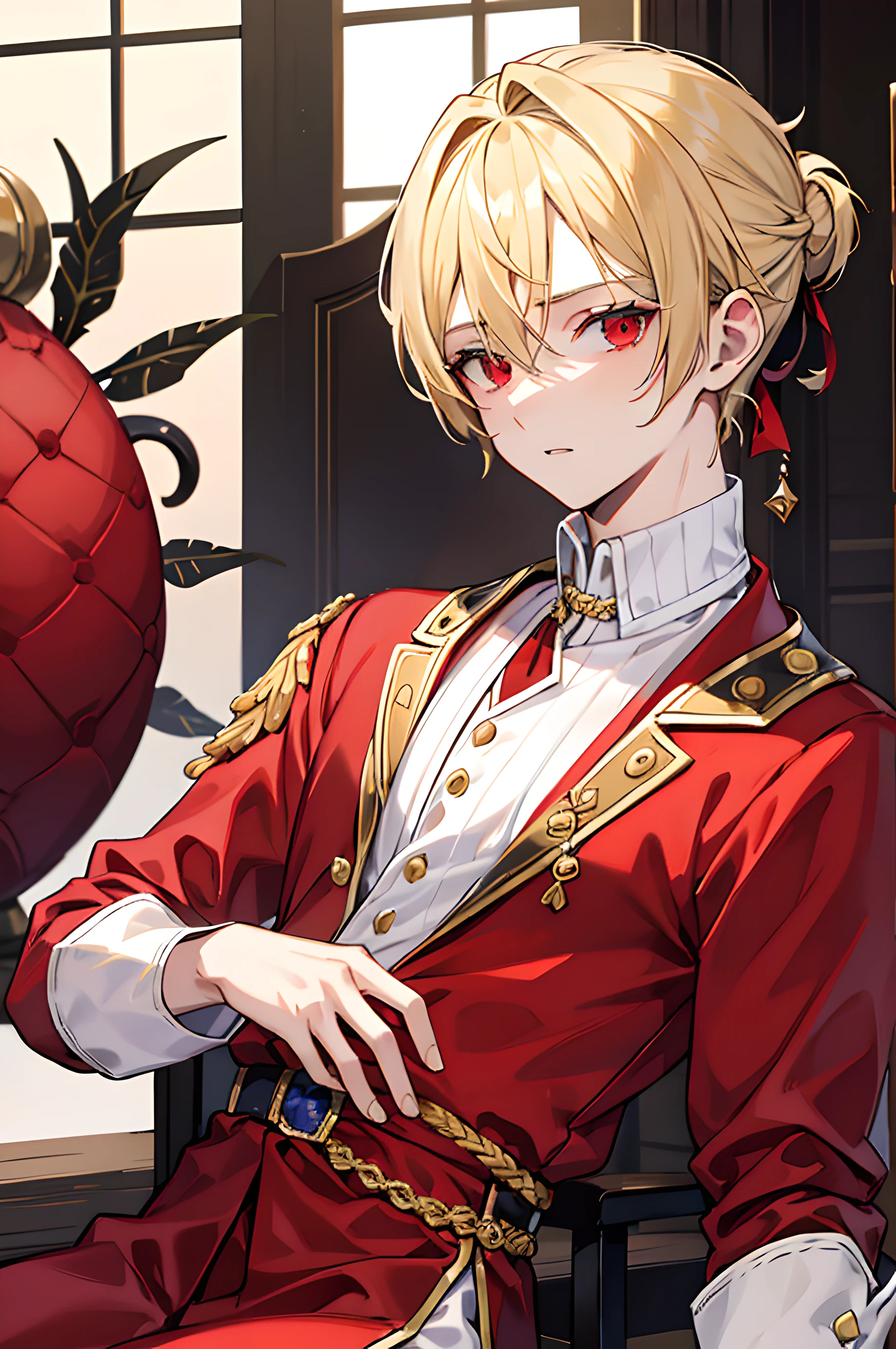 teen male with short blonde hair tied up and red eyes wearing royal clothes close up masculine