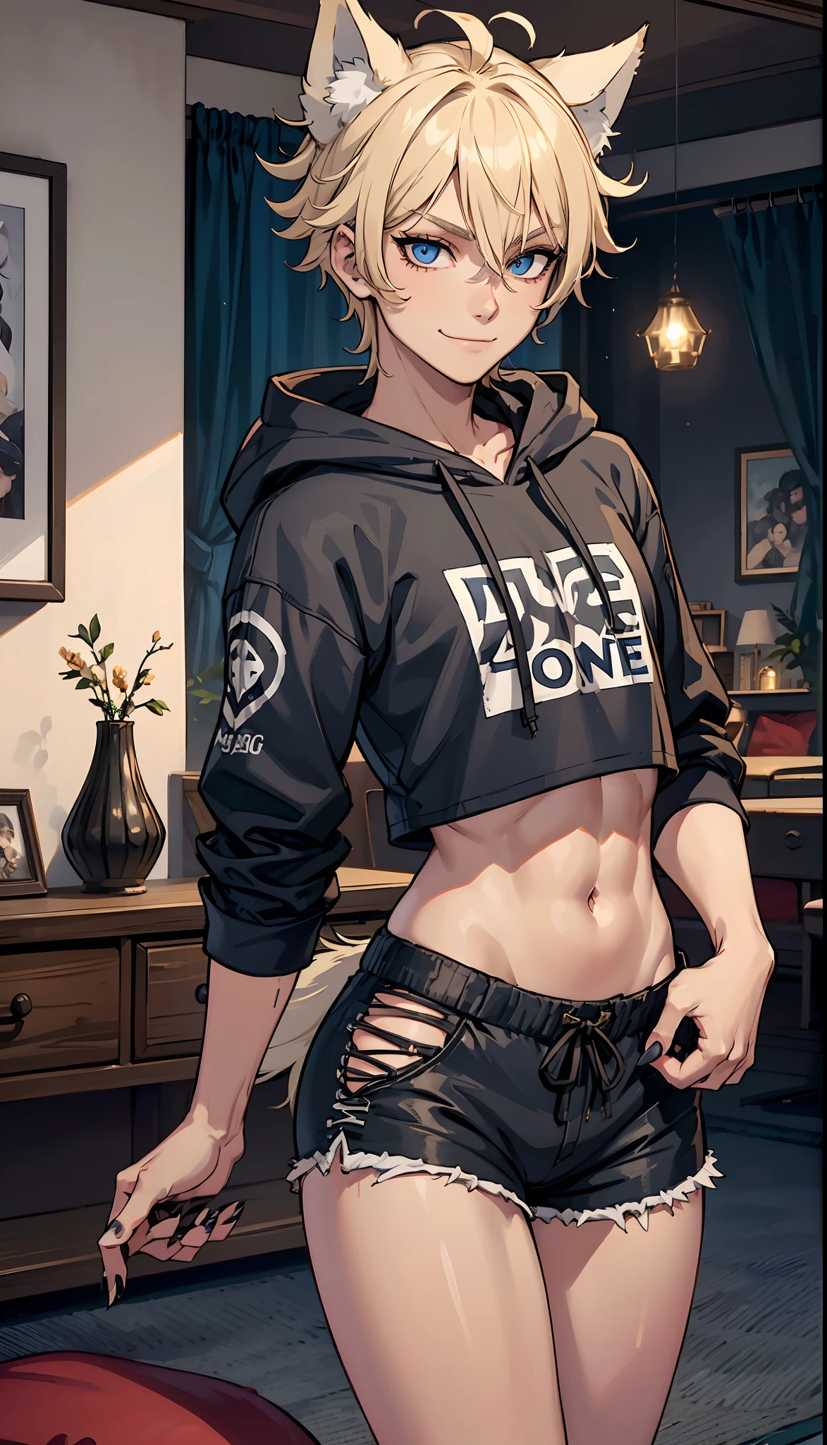 ((1boy)), blue eyes, messy blonde hair, close up view, wolf ears, wolf tail, black hoodie, black booty shorts, slim waist, big thighs, looking at viewer, fang smiling, living room, sharp nails, ultra masterpiece, HD, young, twink, wide hips