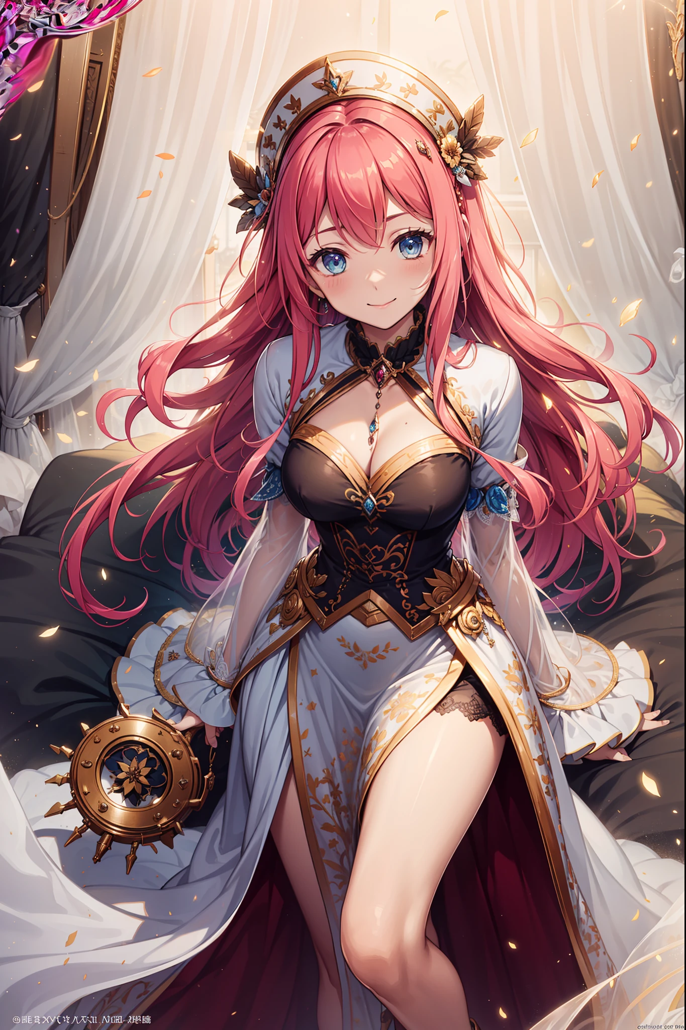 (Best quality, A high resolution, Textured skin, High quality, High details,Extremely detailed CG unity),teens girl,Enchanted,Divine happiness,Being in love,(Light Victorian dress:1.2),Pink hair,eBlue eyes,(Fabric headdress),Maximalism,Multiple layers of delicate ruffles,Lots of lace,Multi-colored cloth,Delicate embroidery,Delicate pattern,Fabric headdress,exquisite costumes,see-through transparent clothes,Bedrooms,the night,glittery,(Dazzle:1.2),Movie lighting,the night,solo person,Fluttering skirt,