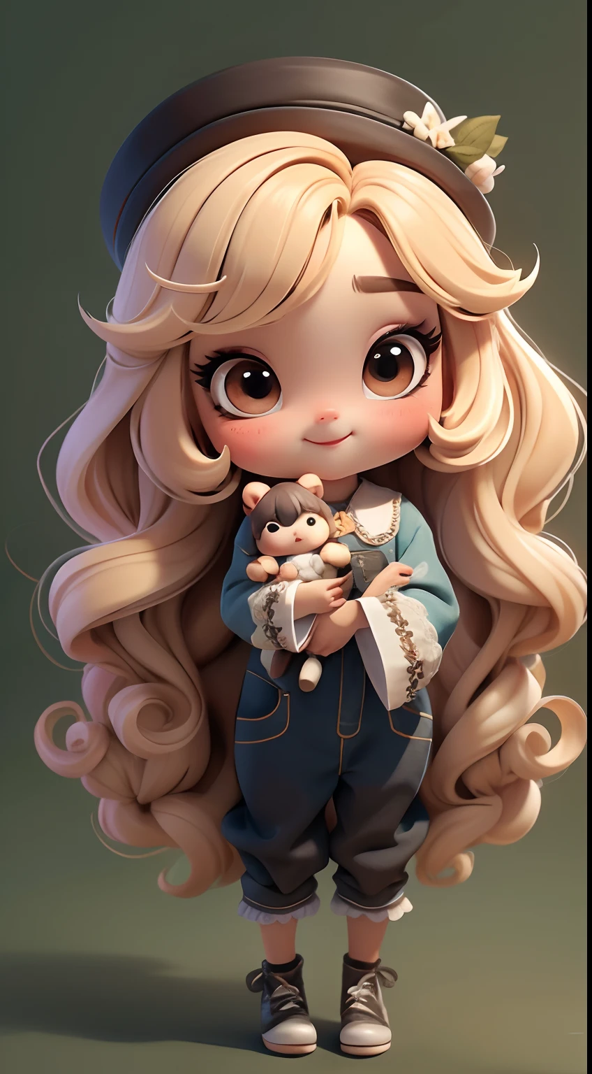 Create a series of cute baby chibi style loli dolls with a cute forest theme, sorridente e fofa, each with lots of detail and in an 8K resolution. All dolls should follow the same solid background pattern and be complete in the image, mostrando o (corpo inteiro, incluindo as pernas: 1.5)

Boneca fada: Chame-a de Bella. Ela deve ter cabelo longo e cacheado em tons castanho e preto. Seus olhos devem ser grandes e brilhantes, with long eyelashes and rosy cheeks. Bella should be dressed in a country-style jumpsuit, delicado, florido e detalhado. She should wear a hat and no accessories on her hands, deixando elas sem nada. Don't forget the details, com detalhes coloridos e enfeites encantadores, sapato bonito

Certifique-se de adicionar sombras, texturas e detalhes nos cabelos, roupas de cada boneca, to make them even more adorable and charming.