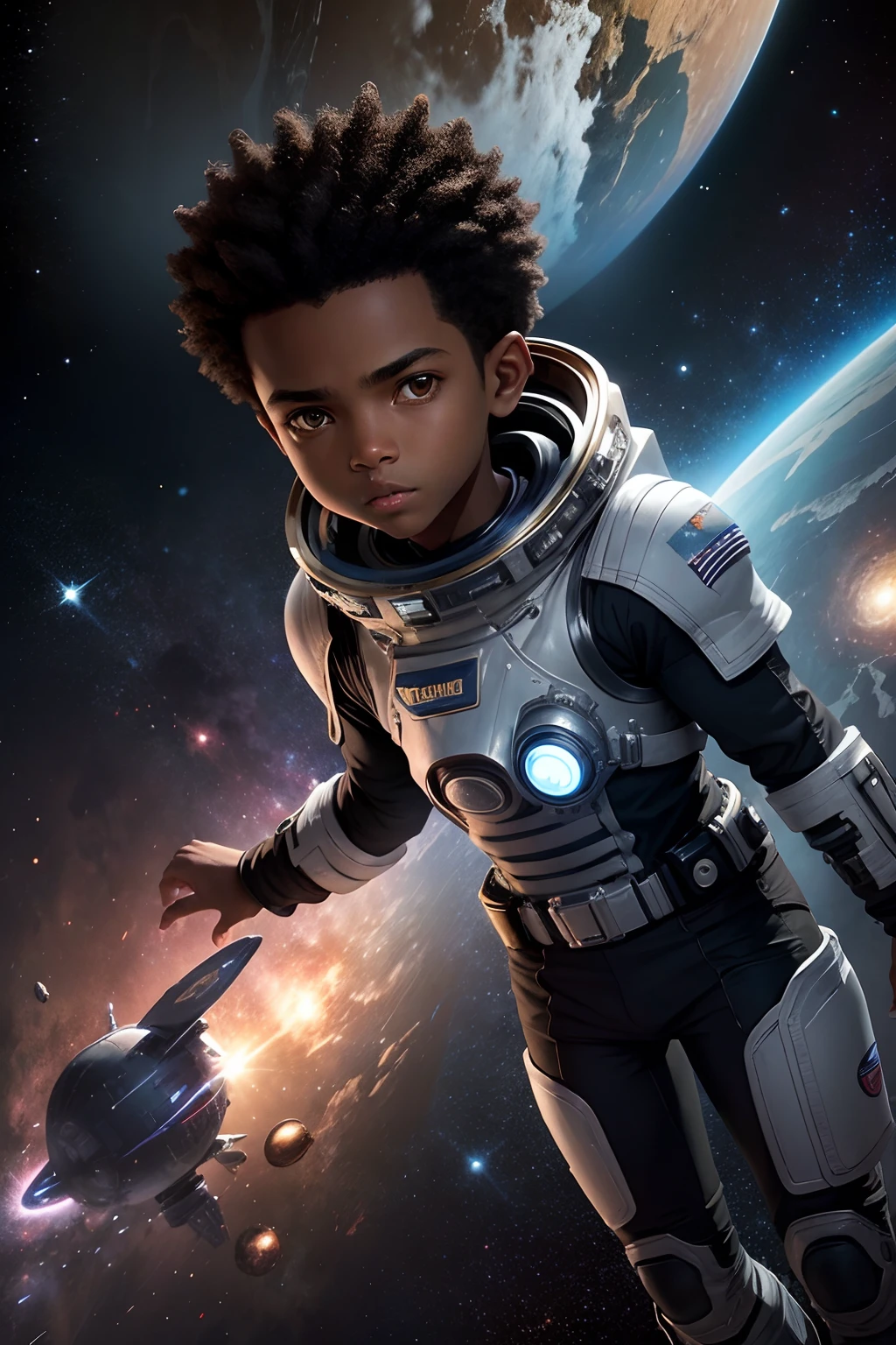, 11 anos, negro, Space Captain, dentro de nave espacial
