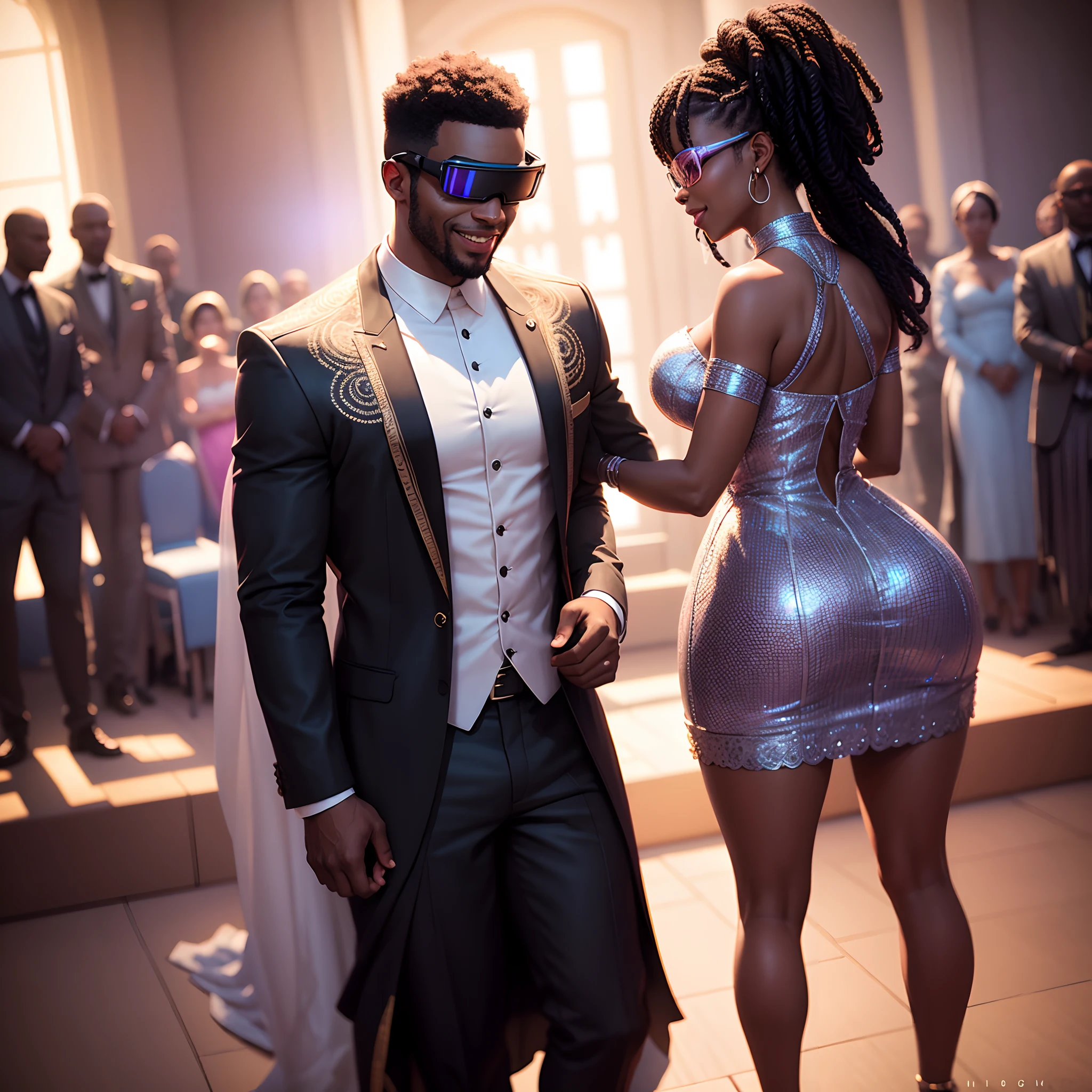 Black people in suits at a party with drinks, food, confetti falling in air, happy people, with iridescent light, highly detailed images, vibrant beautiful colours, photorealistic image, 8k, ultra HD, unreal engine rendered, cinematic lighting, artgerm style,