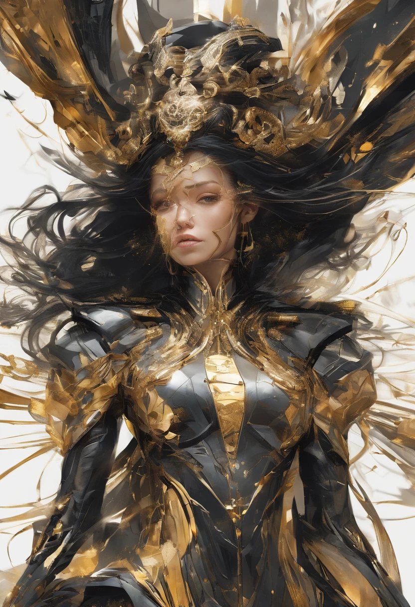 Perfect centralization, Fantastic Black Golden Beams, alegria, Standing position, beleza abstrata, Centrado, looking at the camera, Facing the camera, Approaching perfection, Dynamic, altamente detalhado, liso, foco nítido, 8k, alta resolução, illustration, arte de Carne Griffiths e Wadim Kashin, Personagens de Goldfish
