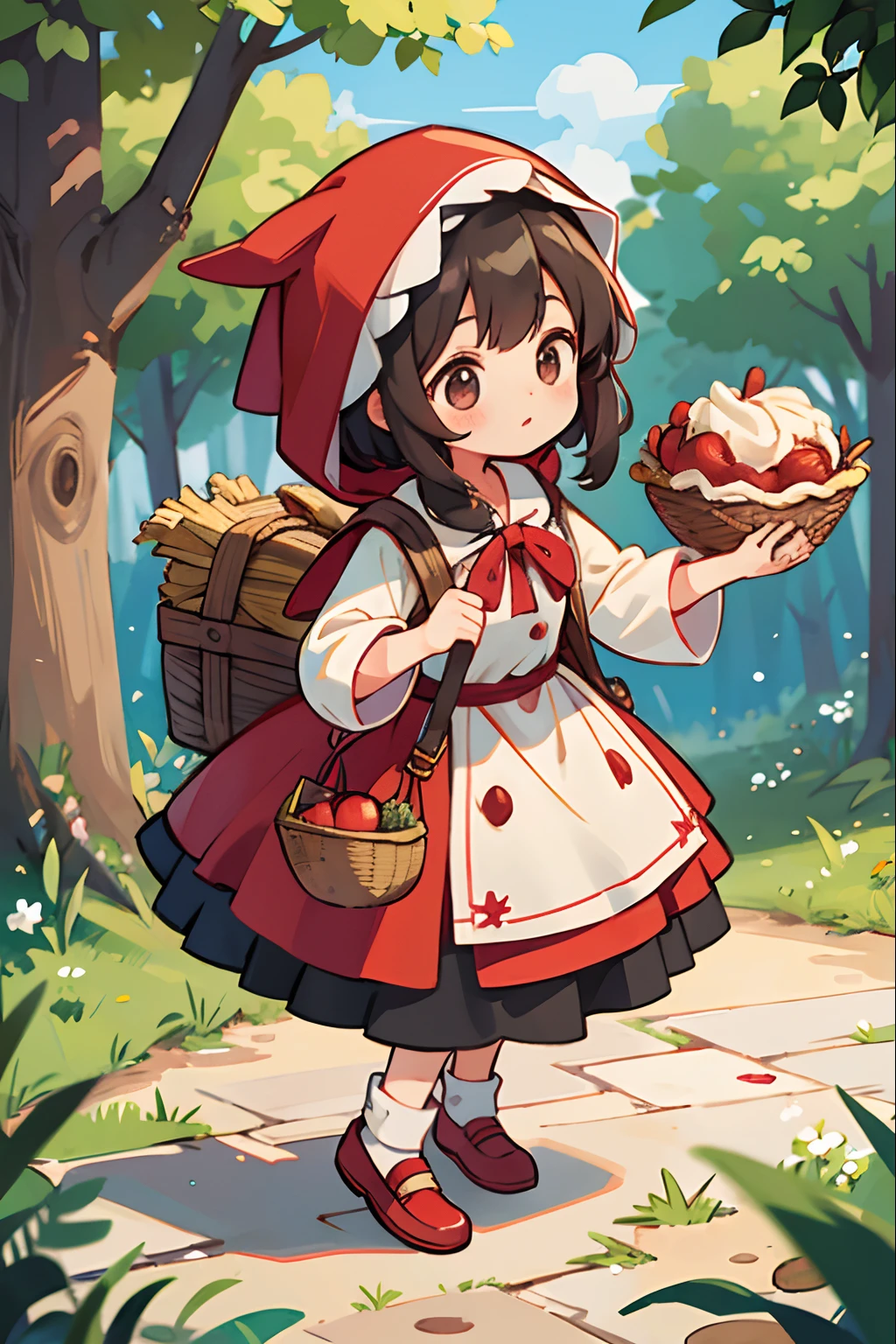 Girl dressed to go on an adventure、Dressed as Little Red Riding Hood、bustup、Walking while humming、Looks like a lot of fun、There is a basket with apple pie、Take low-angle shots from the front