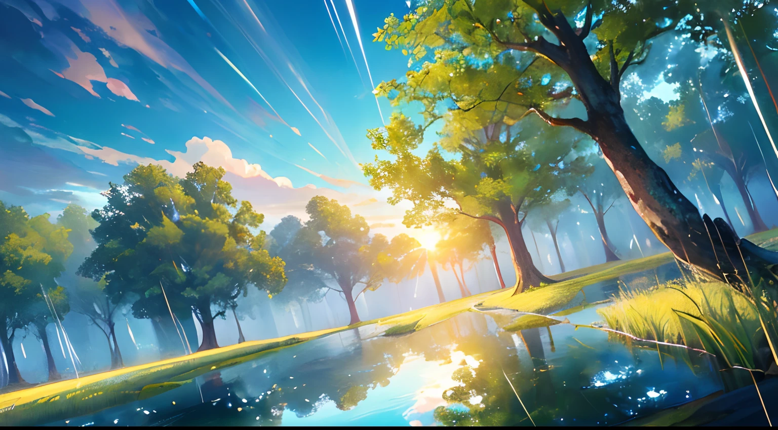 ​masterpiece, top-quality, (extremely detailed CG unified 8k wallpaper) (top-quality), (The best illustrations), (best shade)、Super Meticulous, blue-sky、Variety of clouds、Wonderfully beautiful、nostalgic、Looking up at the sky、Reflection of the Sun、Natural colors、the woods、Scenic、Summer sky、Make blue the basis, rain,