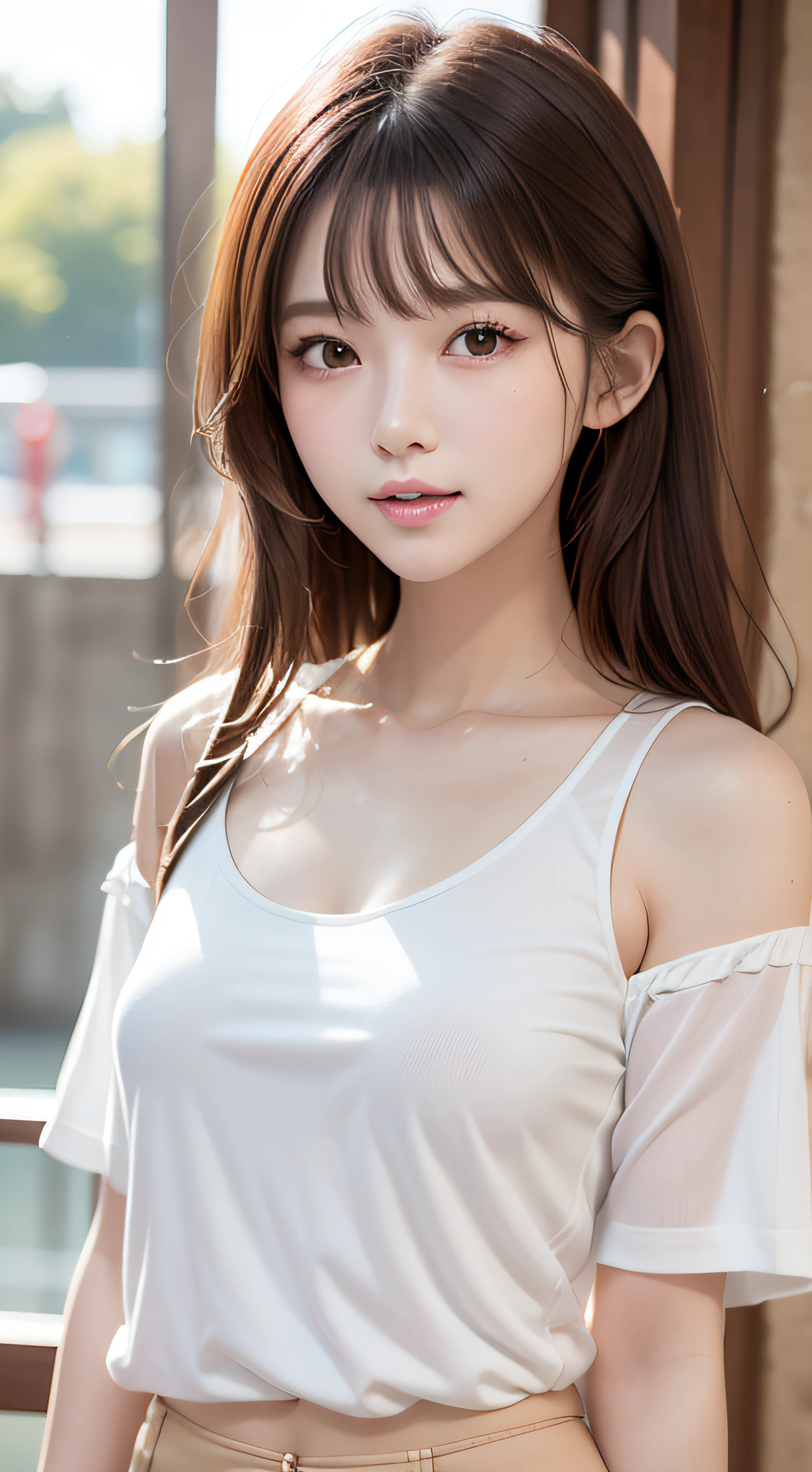 ((Realistic lighting、best qualityer、8K、tmasterpiece:1.3))、Clear focus:1.2、A 1 girl、Perfect body beauty:1.4、Slim abs:1.1、s whole body、((dark brown hair、A large breast:1.3))、(Acceleration:1.4)、(exteriors、Daylight:1.1)、View of Waikiki Beach、palm tree、Slender face、Fine eyes、二重まぶた、poses of fashion models、Floating hair、tee shirt、Pendants、
