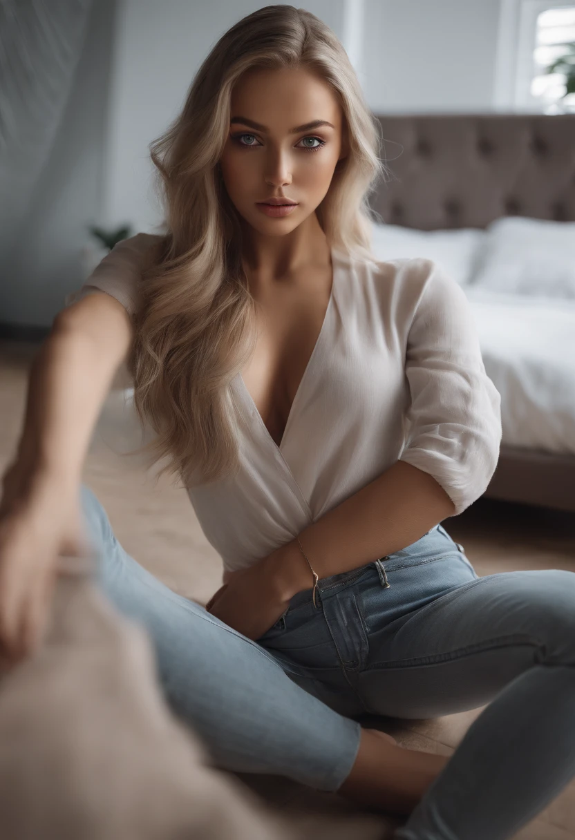 sexy girl with blue eyes, ultra realistic, meticulously detailed, portrait sophie mudd, blonde hair and large eyes, selfie of a young woman, bedroom eyes, violet myers, without makeup, natural makeup, looking directly at the camera, face with artgram, subtle makeup, stunning full body shot kneeling on floor, chain around hands attached to floor