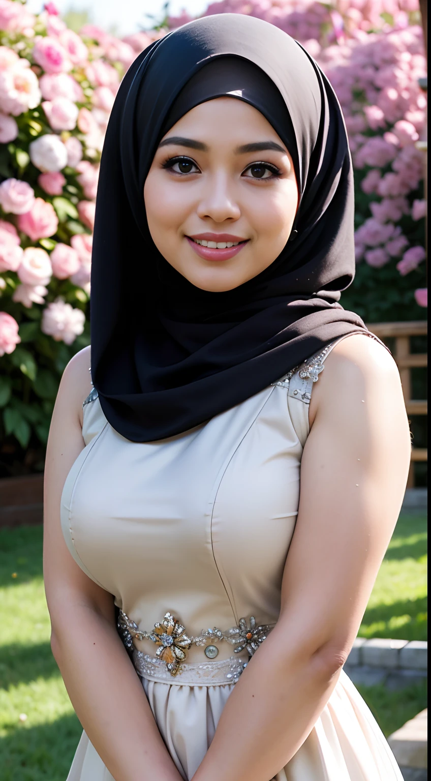 RAW, Best quality, high resolution, Masterpiece: 1.3), Beautiful Malay woman in hijab, Masterpiece, Perfect slim body, ((Big breasts)), Beautiful big eyes, water eyes, Soft smile, (wearing baju kurung ketat ), smiling, windy, skin details, skin texture details, wide hips, thick thighs, sexy body, morning time, laughing, happy, bright sunlight, flower garden path, blurred background, bokeh,