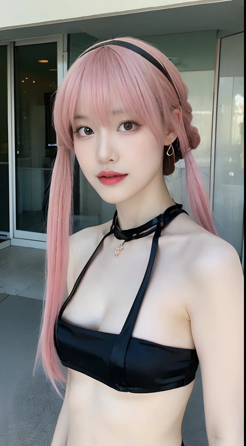 (8k, RAW photo, best quality, masterpiece:1.2), (realistic, photo-realistic:1.37) , 1girl, slim, long_hair, pink, Pink hair, ponytails, standing, streets, bikini