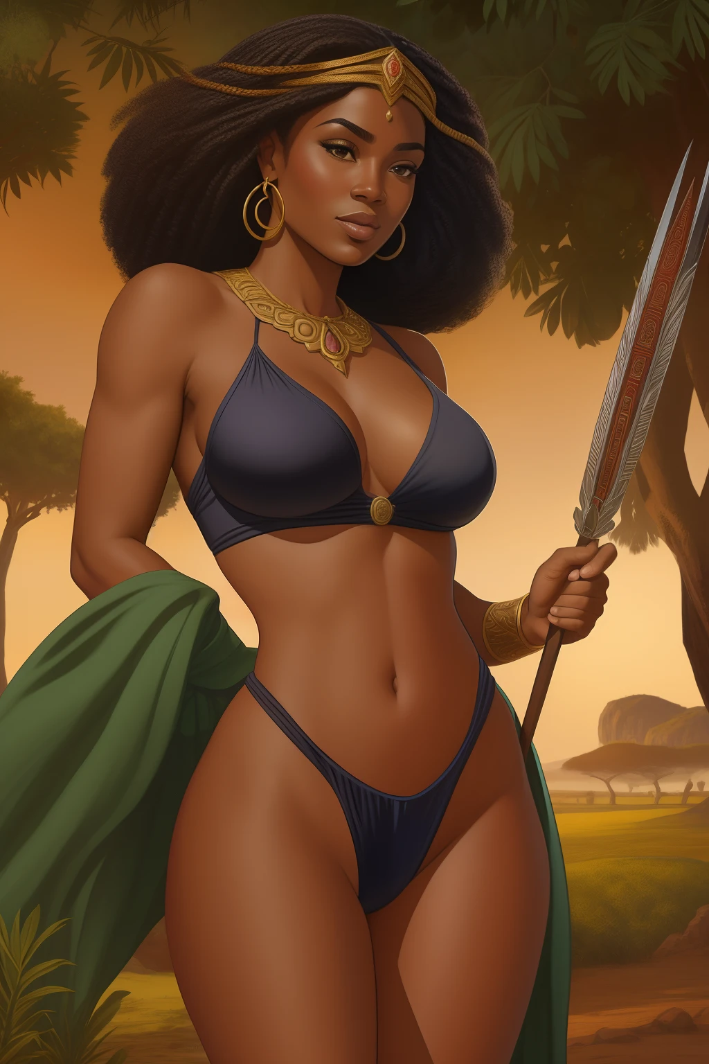 Arte similar Jonh Buscema,1garota,cabelos curtos encaracolados,cabelos negros,olhos castanhos escuros, princesa Africana , super realista, middlebreasts, vestimenta nativa do povo Bantu , olhar audacioso, postura imponente, 4K分辨率, Lotes Cameltoe, lotes de dedo de camelo, Sentido Superior, pelos negros, Standing holding a spear and ready to go into battle to defend your tribe, Early Stages of the African Continent