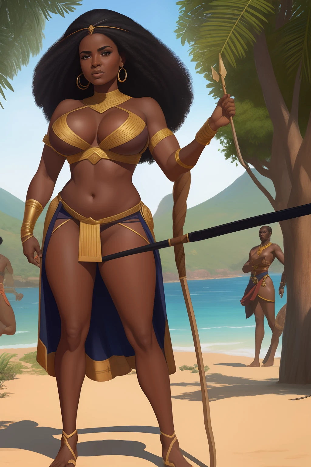 Arte similar Jonh Buscema,1garota,cabelos curtos encaracolados,cabelos negros,olhos castanhos escuros, princesa Africana , super realista, middlebreasts, vestimenta nativa do povo Bantu , olhar audacioso, postura imponente, 4K分辨率, Lotes Cameltoe, lotes de dedo de camelo, Sentido Superior, pelos negros, Standing holding a spear and ready to go into battle to defend your tribe, Early Stages of the African Continent