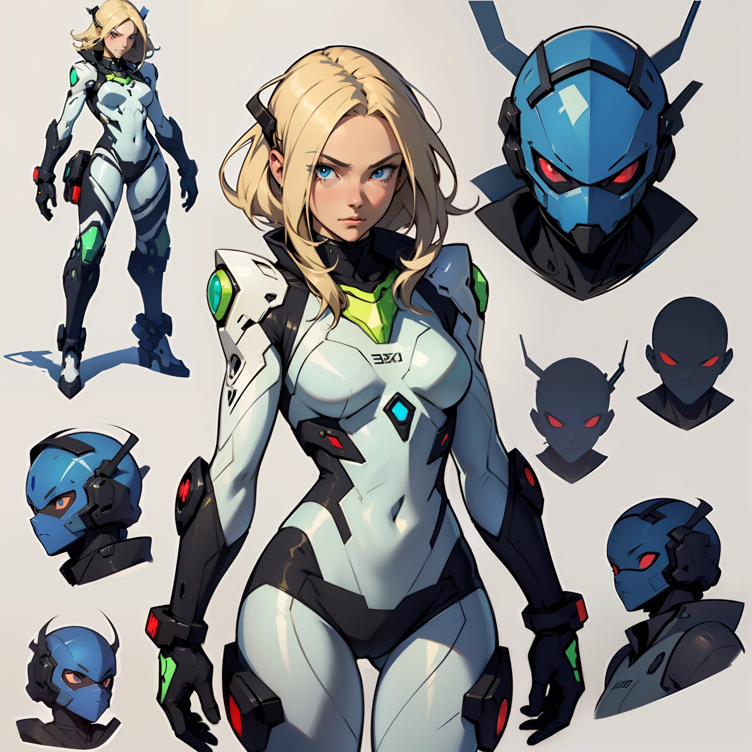 A girl in a straitjacket,((concept art of character)),((CharacterDesignSheet、Same role、frontage、Lateral face、on back)),Game character design,with a pure white background,Short blonde hair,blue colored eyes,White mech driving suit,Mech pilot,Evangelion style,expert high detail concept art,concept-art,interesting character design,lucio as a woman,gravity rush inspired。concept-art,