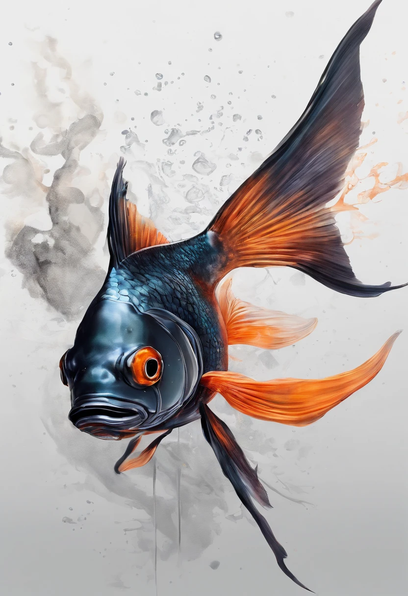 Perfect centralization, Fantastic black goldfish, alegria, Standing position, beleza abstrata, Centrado, looking at the camera, Facing the camera, Approaching perfection, Dynamic, altamente detalhado, liso, foco nítido, 8k, alta resolução, illustration, arte de Carne Griffiths e Wadim Kashin, Personagem Goldfish, fundo com pinceladas aparentes, fundo com cores fragmentadas, tons vívídos, fundo com nebulosas de tinta