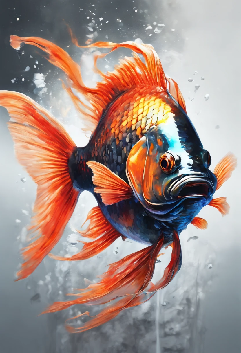 Perfect centralization, Fantastic black goldfish, alegria, Standing position, beleza abstrata, Centrado, looking at the camera, Facing the camera, Approaching perfection, Dynamic, altamente detalhado, liso, foco nítido, 8k, alta resolução, illustration, arte de Carne Griffiths e Wadim Kashin, Personagem Goldfish, fundo com pinceladas aparentes, fundo com cores fragmentadas, tons  vívídos, fundo com nebulosas de tinta