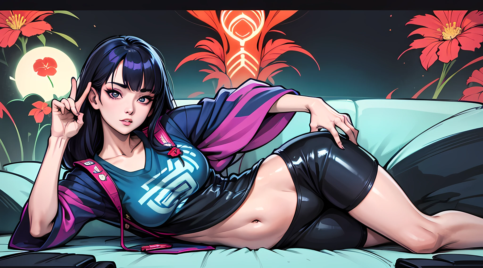 Asian woman, longos cabelos escuros, luzes refletido nos cabelos, olhos cor laranjas brilhantes e penetrantes, cabelo tremulando ao vento, foco no rosto, zoom no rosto, Olhando para o Viewer, Neon light, sozinha, Hidden hands, Lying on a couch, influenced by Japanese culture and aesthetics, Ambiente tranquilo, olhos ultra detalhados, obra-prima, fundo desfocado, 8k.
