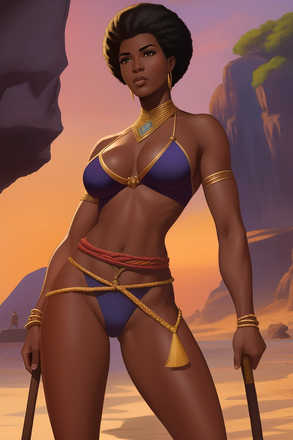 Arte similar Jonh Buscema,1garota,cabelos curtos encaracolados,cabelos negros,olhos castanhos escuros, princesa Africana , super realista, middlebreasts, vestimenta nativa do povo Bantu , olhar audacioso, postura imponente, 4K分辨率, Lotes Cameltoe, lotes de dedo de camelo, Sentido Superior, pelos negros, Standing holding a spear and ready to go into battle to defend your tribe, Early Stages of the African Continent