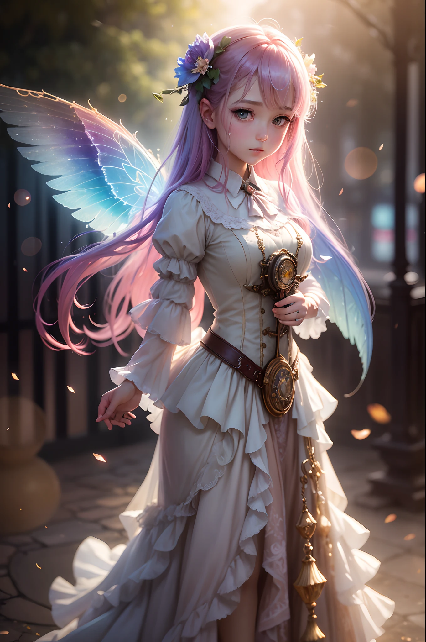 fine art masterclass splash spray trickle daubs of rainbow opaline Prisma Sakuraoil color,Steampunk celestial ethereal ghostly Fairy, HDR, ultra high-detail, centered, bokeh, lens flare, foggy dusk, bloom, light bloom, cinematic lighting, high dynamic range, depth of field, full pose