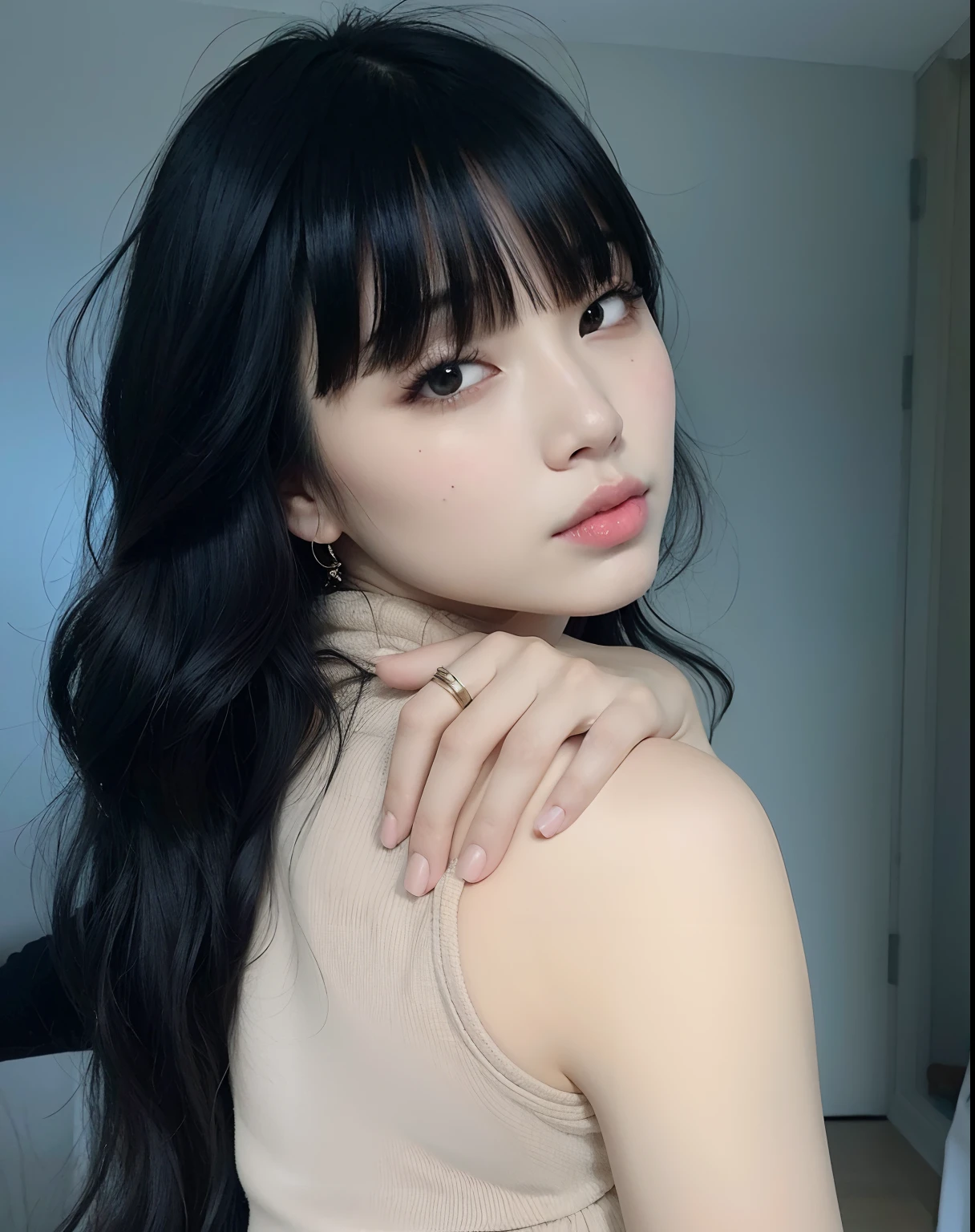 8k、High resolution、Maid Fashion、beautiful girl、、young、White skin,、Narrow eyes,High nose,Face lighting、Clear images、Intellectual beauty、skinny、No makeup、Anxious expression、Face lighting,Shiny Hair、single eyelid,blue eyes,,{{bangs:1.6}},,{{Straight Hai:1.6}}