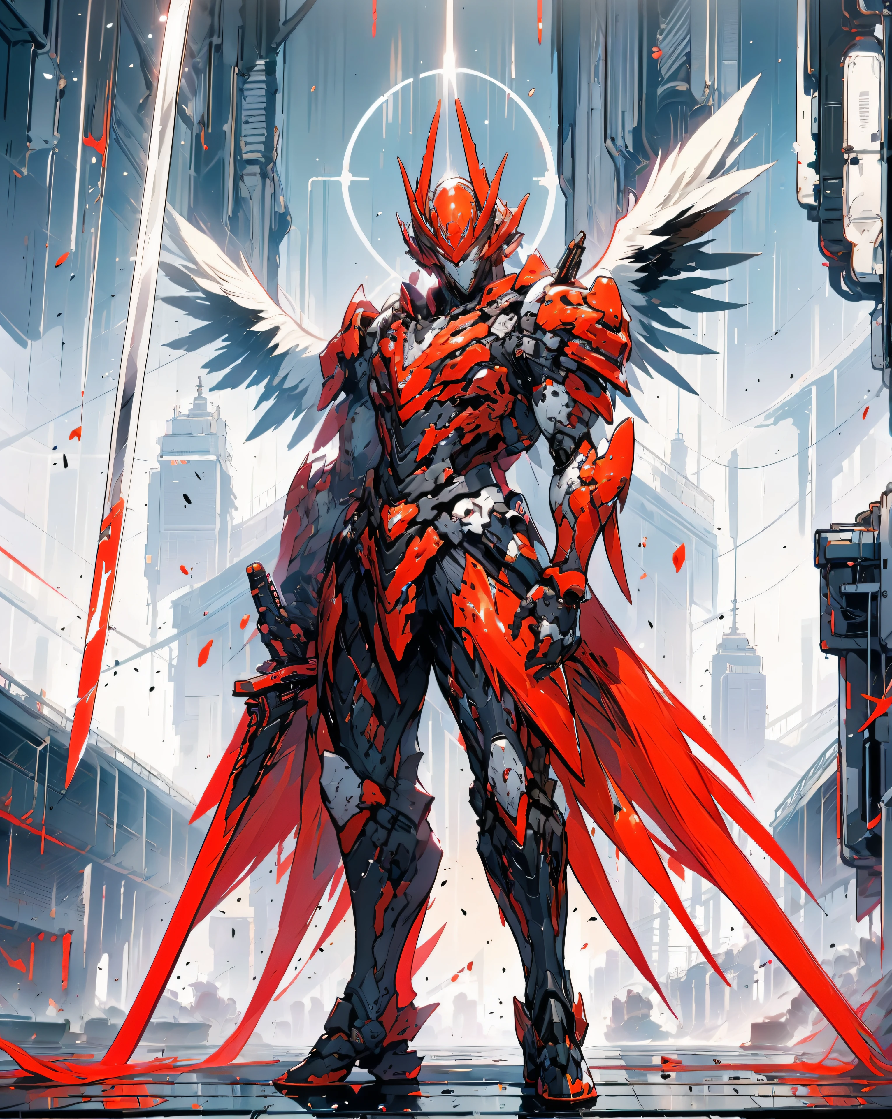 a man with a sword and wings standing in front of a city, by Yang J, from arknights, detailed key anime art, red armor, trending on artstation pixiv, anime epic artwork, badass anime 8 k, [ trending on cgsociety ]!!, anime fantasy artwork, detailed anime artwork, blood red armor, white and red armor, (solo), (one man)