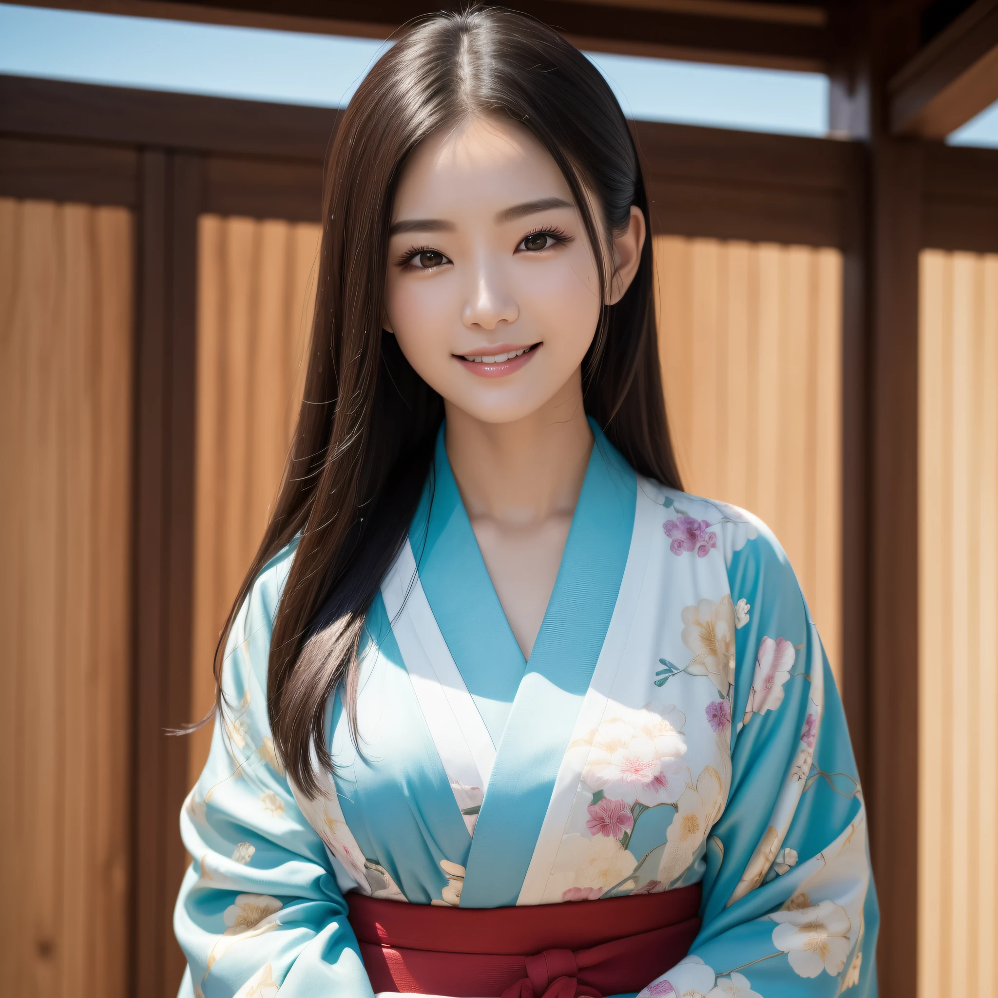 Woman in Kimono、((best qualtiy、8k masterpieces:1.3))、foco nítido:1.2、(ultra beautiful faces:1.0)、(shinny skin:1.0)、photos realistic、A dark-haired、Video Lighting、High-definition eyes and face、Video Lighting、Korean idol actress、from the front side、medium breasts、Smile、Slender Abs Beauty、Whole body、wearing kimonos、At the shrine in the early morning