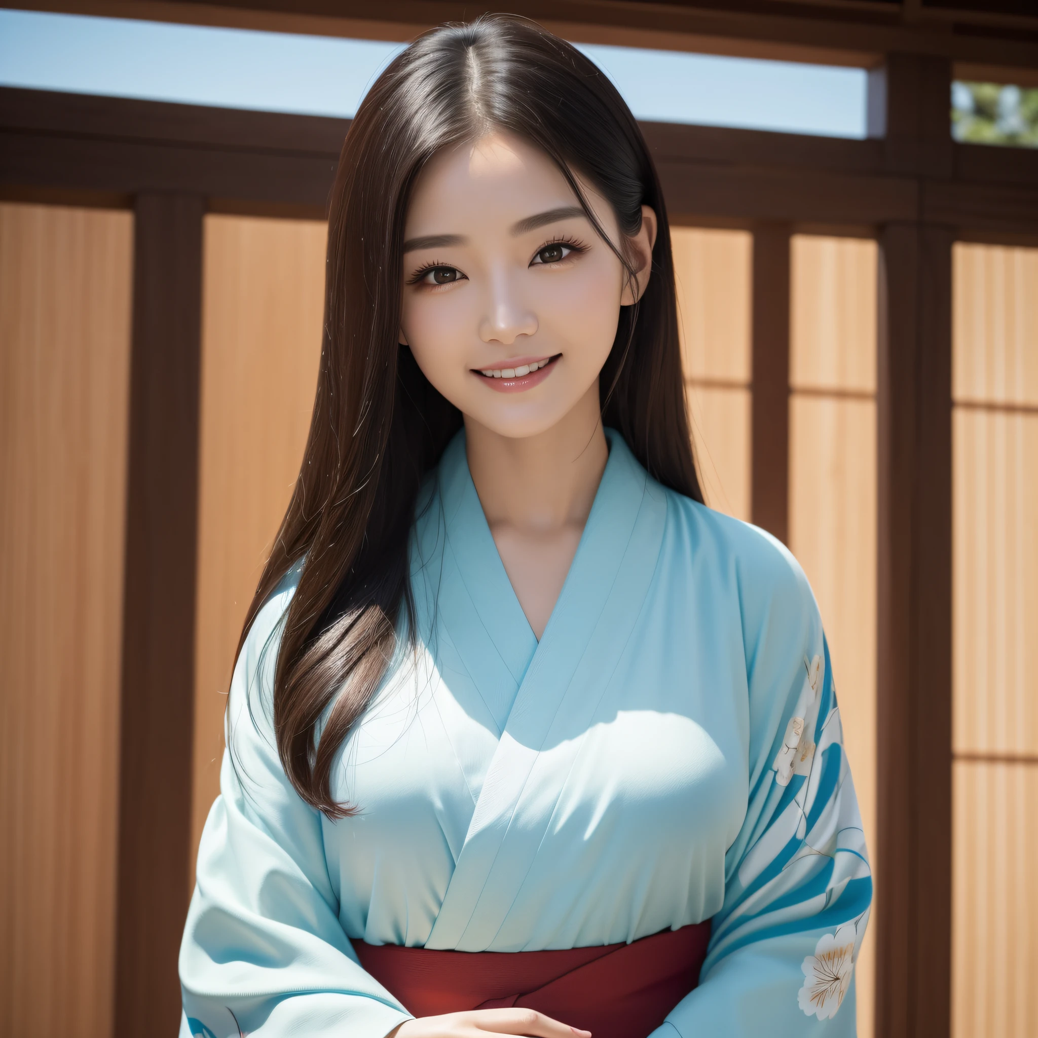 Woman in Kimono、((best qualtiy、8k masterpieces:1.3))、foco nítido:1.2、(ultra beautiful faces:1.0)、(shinny skin:1.0)、photos realistic、A dark-haired、Video Lighting、High-definition eyes and face、Video Lighting、Korean idol actress、from the front side、medium breasts、Smile、Slender Abs Beauty、Whole body、wearing kimonos、At the shrine in the early morning