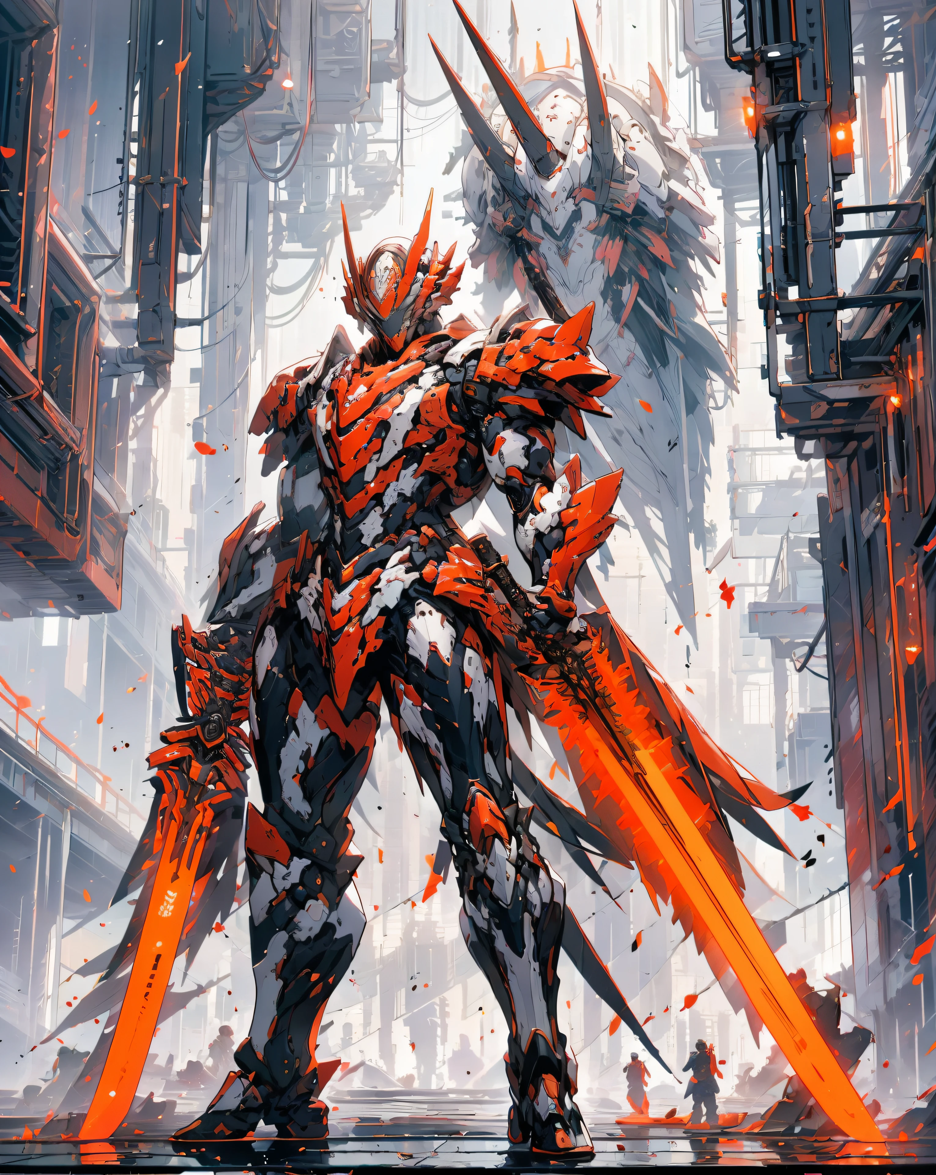 a man with a sword and wings standing in front of a city, by Yang J, from arknights, detailed key anime art, red armor, trending on artstation pixiv, anime epic artwork, badass anime 8 k, [ trending on cgsociety ]!!, anime fantasy artwork, detailed anime artwork, blood red armor, white and red armor, (solo), (one man)