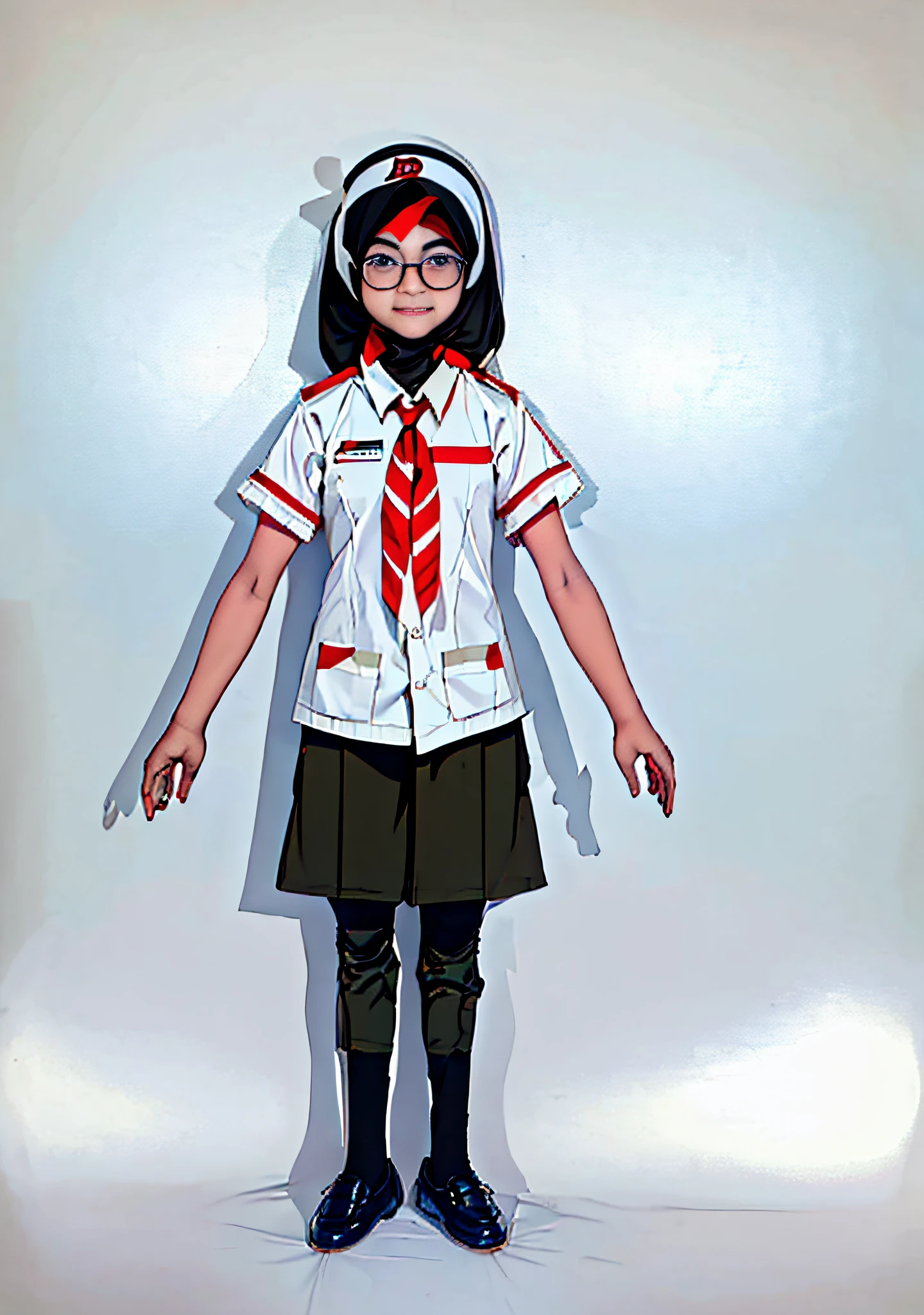 ((white empty background)), ***********, beautiful, cute, seragam premuka, indonesia pramuka, pramuka, big blue eyes, glasses, soft smile, short black hair, hair band, cream color shirt, brown pocket pants, pockets, red and white tie, hasduk, black socks, black shoes,