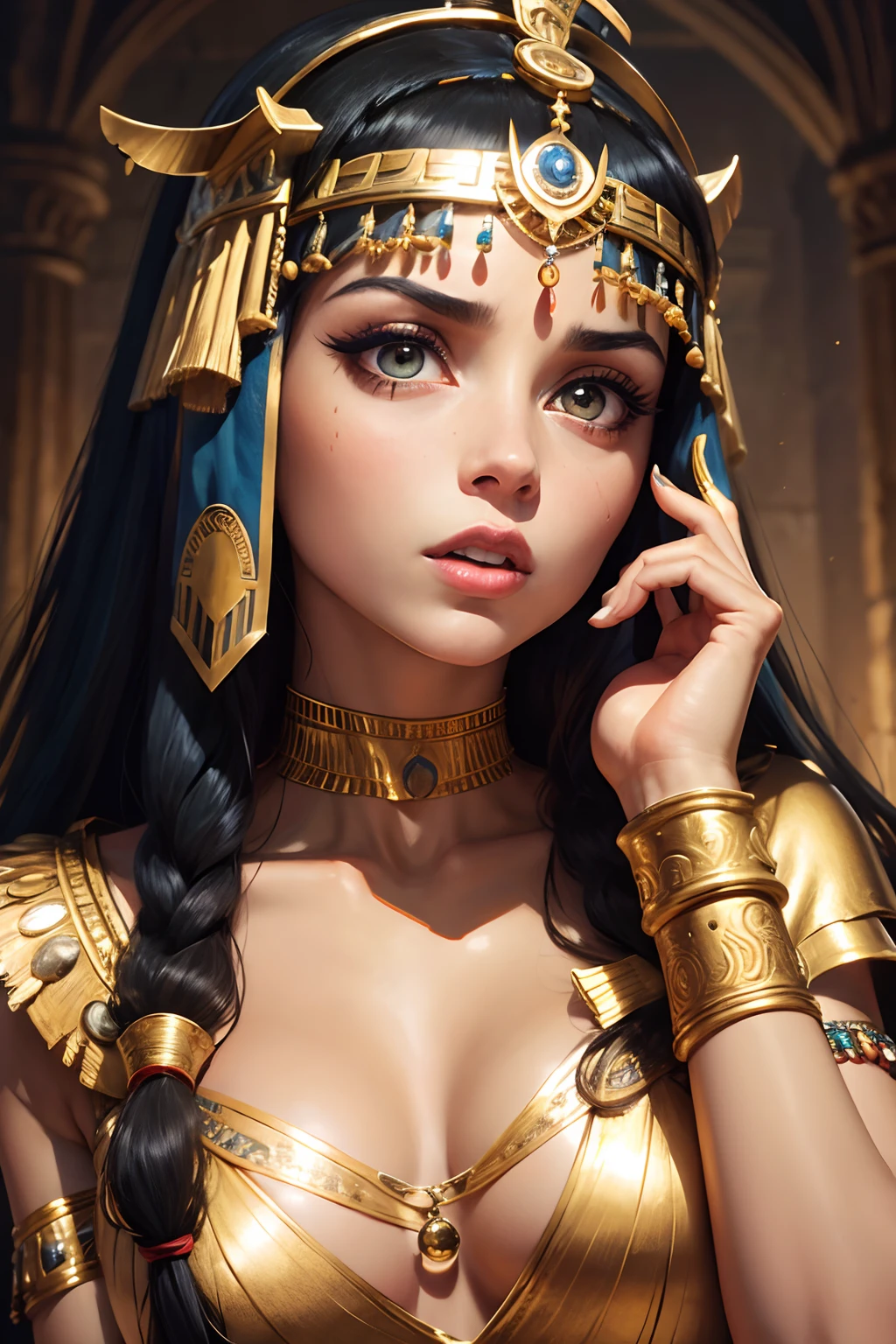 Cleopatra, shocked, surprised, gasp, both hand on her face, looking to the left --auto