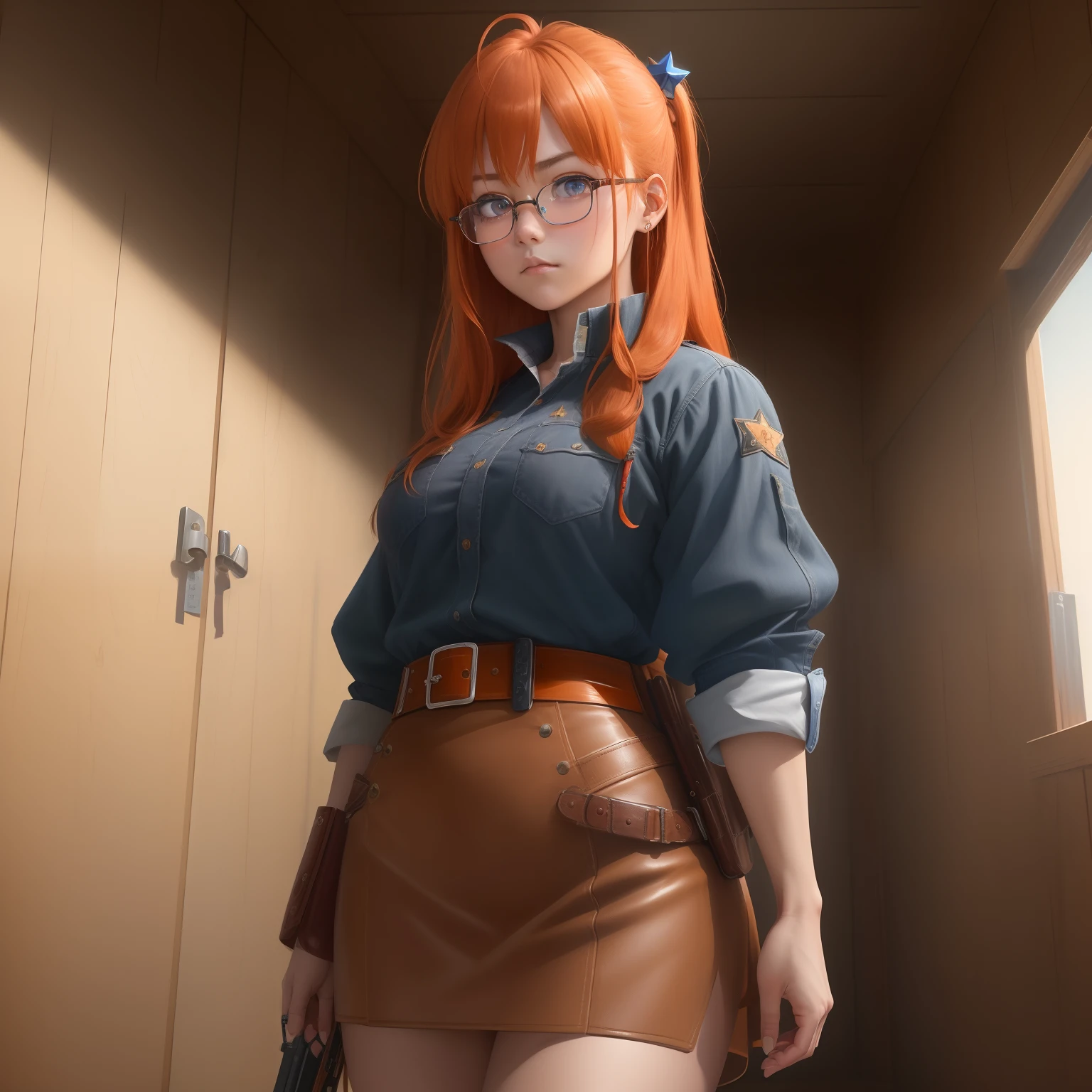 8k, masterpiece, best quality, realistic, higly detailed, cowboy shot, 1girl, solo, itsuki, serious looking girl, medium-length hair, expressive ahoge, reddish-orange hair, a pair of star-shaped hairpins near both of her eyes, dark blue eyes, average height, well-endowed figure, glasses, cute, Criminal