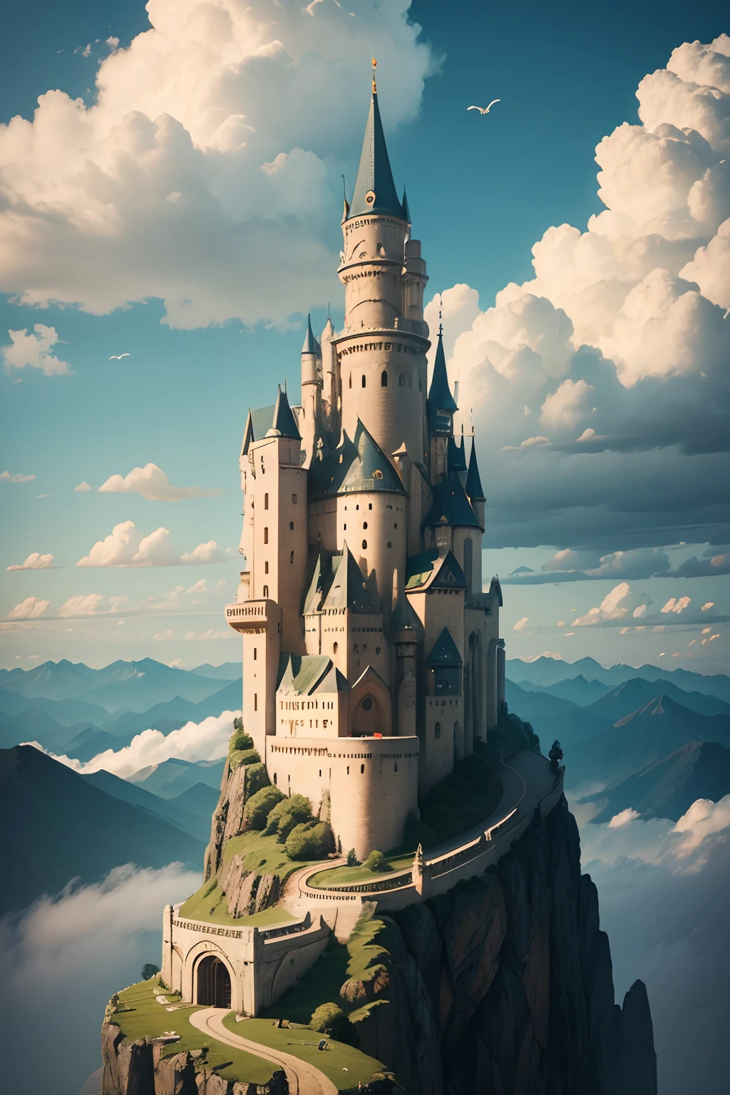 in a city on the highest side of a very high mountain, seen from afar, where several dragons fly alongside and the clouds are close by