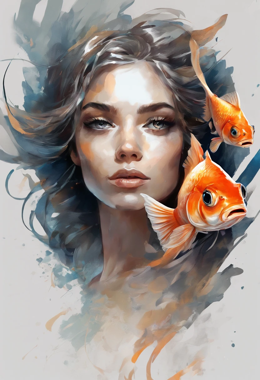 Perfect centralization, Fantastic black goldfish, alegria, Standing position, beleza abstrata, Centrado, looking at the camera, Facing the camera, Approaching perfection, Dynamic, altamente detalhado, liso, foco nítido, 8k, alta resolução, illustration, arte de Carne Griffiths e Wadim Kashin, Personagem Goldfish, fundo com pinceladas aparentes, fundo com cores fragmentadas, tons vívídos, fundo com nebulosas de tinta, Garota de 17 anos com olhar sexy, fleshy lips, paraguaia, brasileira, olhos cor de mel, cabelos longos e bonitos