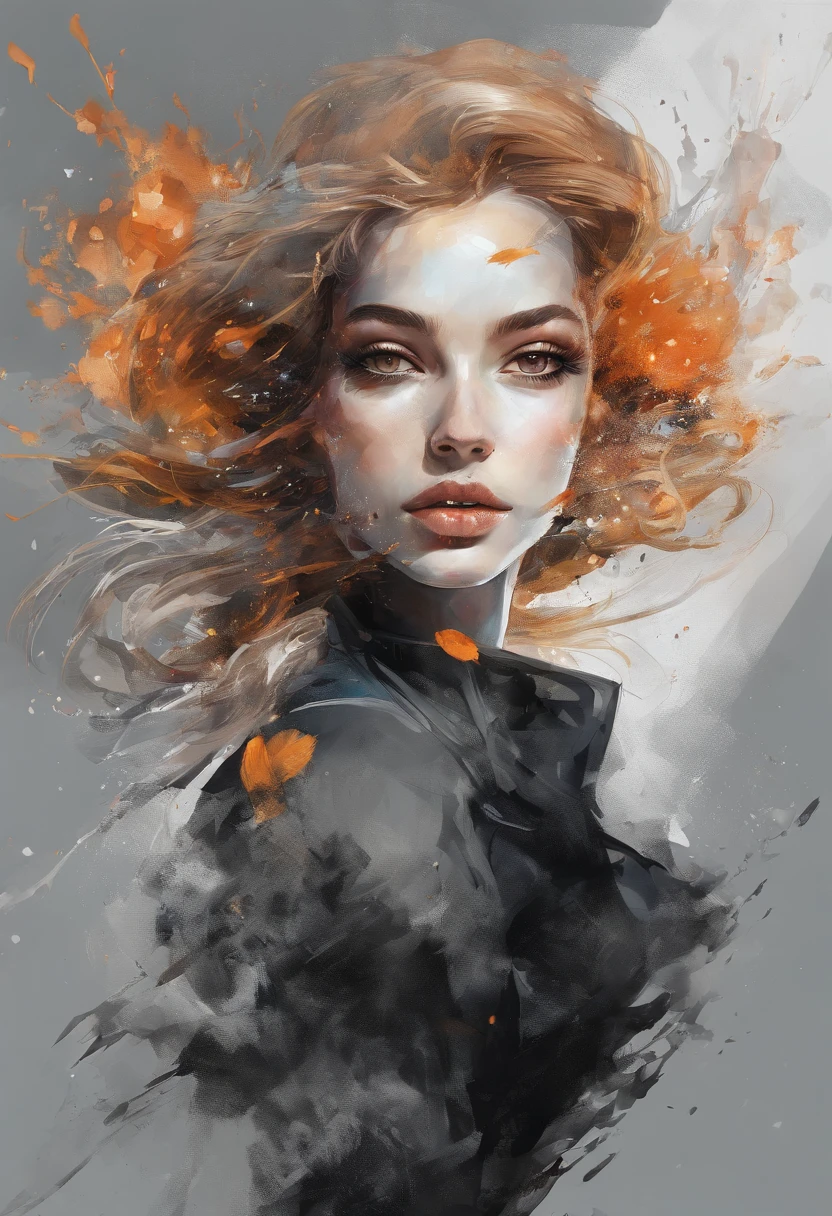 Perfect centralization, Fantastic black goldfish, alegria, Standing position, beleza abstrata, Centrado, looking at the camera, Facing the camera, Approaching perfection, Dynamic, altamente detalhado, liso, foco nítido, 8k, alta resolução, illustration, arte de Carne Griffiths e Wadim Kashin, Personagem Goldfish, fundo com pinceladas aparentes, fundo com cores fragmentadas, tons vívídos, fundo com nebulosas de tinta, Garota de com olhar sexy, fleshy lips, paraguaia, brasileira, olhos cor de mel, cabelos longos e bonitos