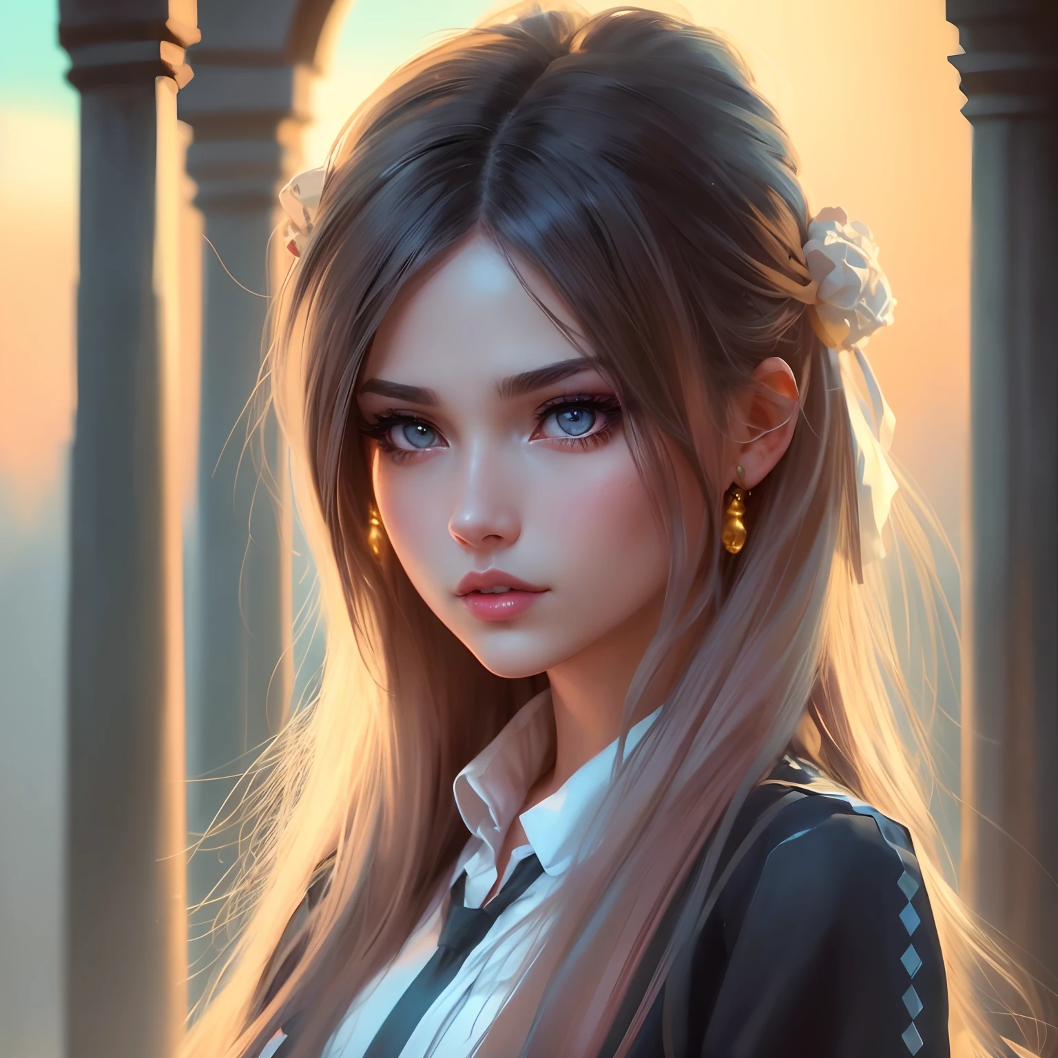 8k, realistic, ultra quality, beatiful girl, Stern anime girl, (Highest Quality, Amazing Details:1.25), cinematic lighting, unique, high-quality, very long hair, hair intakes, makeup, lipstick, eyelashes, ultra detailed eyes, ultra detailed face, ultra detailed lips, ultra detailed lipstick, ultra detailed makeup, 18 years girl, masterpiece, 8k
