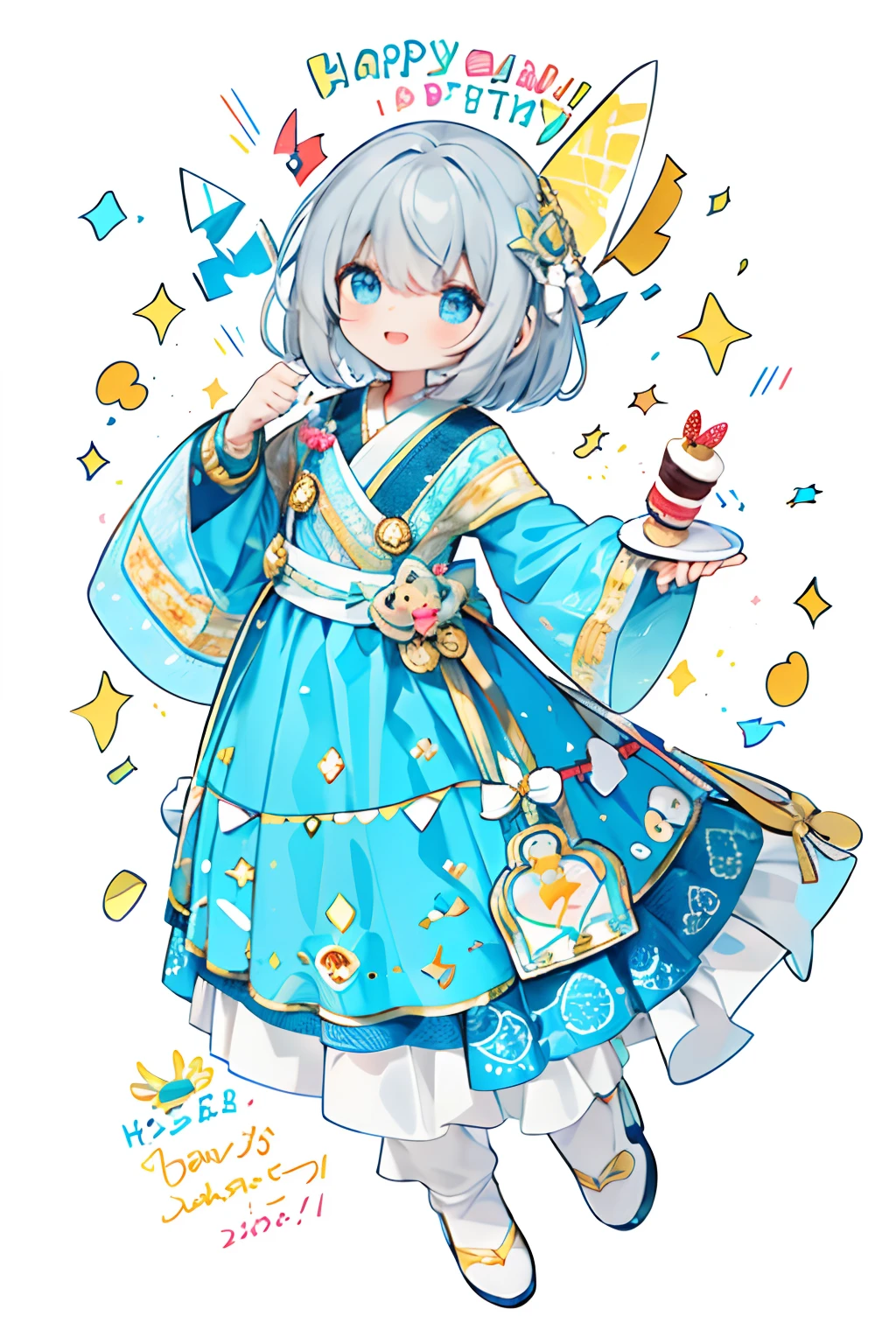 (White background:1.4)，(paper art:1.3, Quilted Paper Art:1.2),( Stylish design, Clear lines, High Sharpness,Best Quality, Very detailed, masutepiece, Movie Light Effects, 4K )(petals of different colors,:1.0)、Lots of celebrations fluttering、the wind、Background with、Birthday Cake、celebration costume、doress、Light blue dress、Gray hair at the base、Gallant、happy birthday、full body Esbian、A delightful、Happy smile、kirakira、Delicious looking cake、a cake
