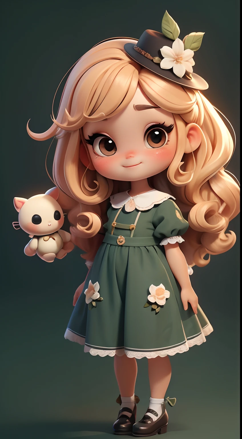 Create a series of cute baby chibi style loli dolls with a cute forest theme, sorridente e fofa, each with lots of detail and in an 8K resolution. All dolls should follow the same solid background pattern and be complete in the image, mostrando o (corpo inteiro, incluindo as pernas: 1.5)

Boneca fada: Chame-a de Bella. Ela deve ter cabelo longo e cacheado em tons castanho e preto. Seus olhos devem ser grandes e brilhantes, with long eyelashes and rosy cheeks. Bella should be dressed in a country-style jumpsuit, delicado, florido e detalhado. She should wear a hat and no accessories on her hands, deixando elas sem nada. Don't forget the details, com detalhes coloridos e enfeites encantadores, sapato bonito

Certifique-se de adicionar sombras, texturas e detalhes nos cabelos, roupas de cada boneca, to make them even more adorable and charming.