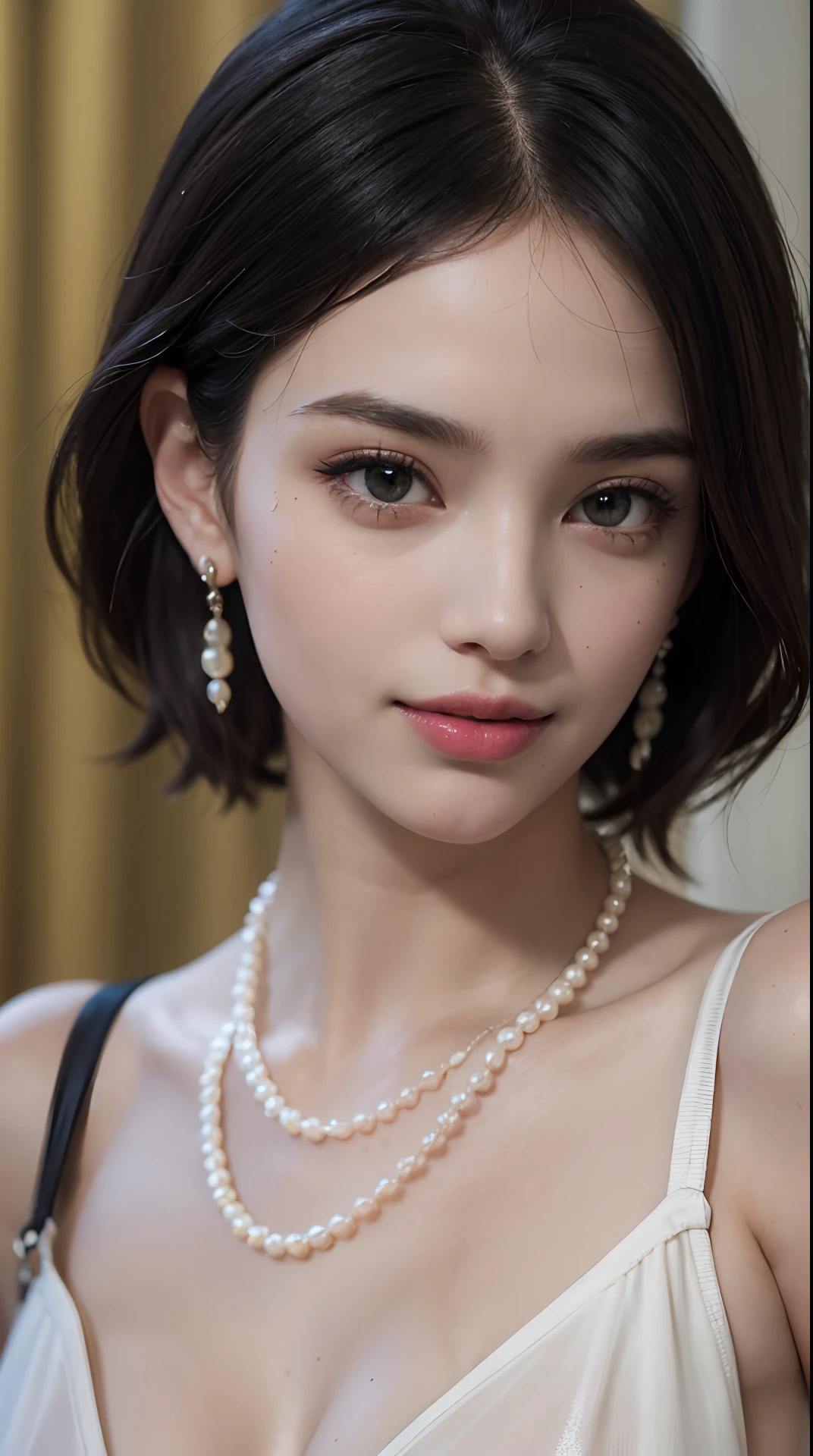 (top quality, 8k, masterpiece: 1.3), pretty woman with perfect figure: 1.4, dark brown hair, big, wearing pendants, torn shorts, sleeping in bedroom, very detailed face and skin, detailed eyes, double eyelids, top quality, masterpiece, (photorealistic: 1.4), one woman, golden ratio, high angle shot, upper eye care, low angle shot, perfect face, beautiful figure, cute face, face close-up, zoom in on face, short bob, short hair, smile from different angles, smile, gloss, highlight, gloss, glossy on skin, glossy on skin, wet skin, wet, bangs, cute smile, bust, off-shoulder, refreshing charm, elegant, perfect hands, smile from angle, smile, shiny, highlight, glossy skin, bangs, bust, big, Warm off-shoulder, refreshing charm, ears out, gaze to the camera, poses at different angles