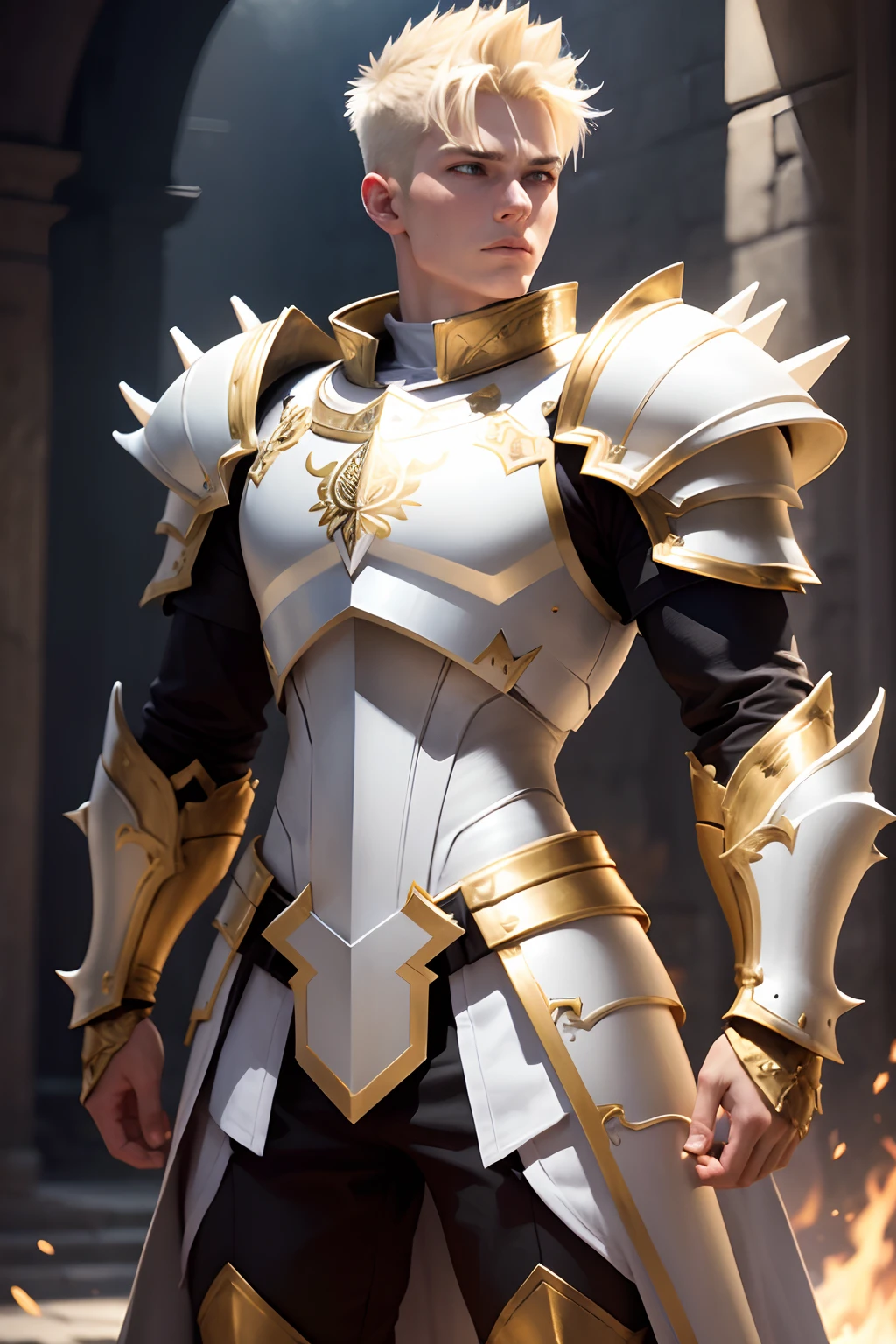 a blond, full-length warrior, with short spiky hair, with white skin, in light armor with gold and white details, who is 25 years old
