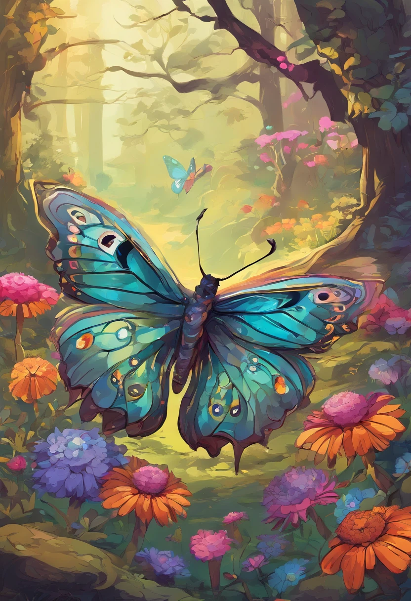 butterfly clipart oil-painting, in a beautiful forest with fungus and flowers, close up, centered image, ultra detailed illustration, (tetradic colors), whimsical, enchanting, fairy tale, (ink lines:1.1), strong outlines, art by MSchiffer, bold traces, unframed, high contrast, (cel-shaded:1.1), vector, 32k resolution, best quality, flat colors, flat lights