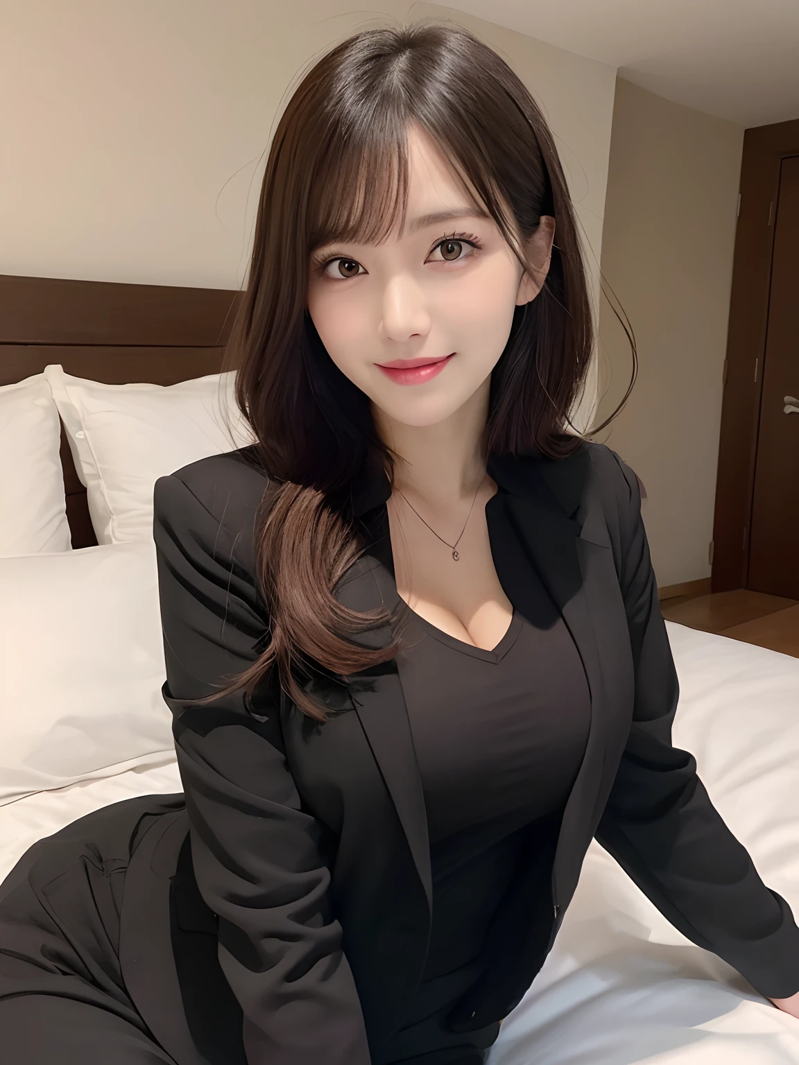 (1womanl), Beautiful, seducting smile, (Best Quality:1.4), (Ultra-detailed), (extremely detailed CG unified 8k wallpaper), Highly detailed, High-definition raw color photos, Professional Photography, Amazing face and eyes, makeup, (tempting look), (amazingly beautiful girl), ((Business Suit)), ((Mini skirt)), (Business shirt with wide open chest), (Spread your legs), (no panties:1.3), insertion, Seductive, (dim bedroom:1.3), candle, (View from below)