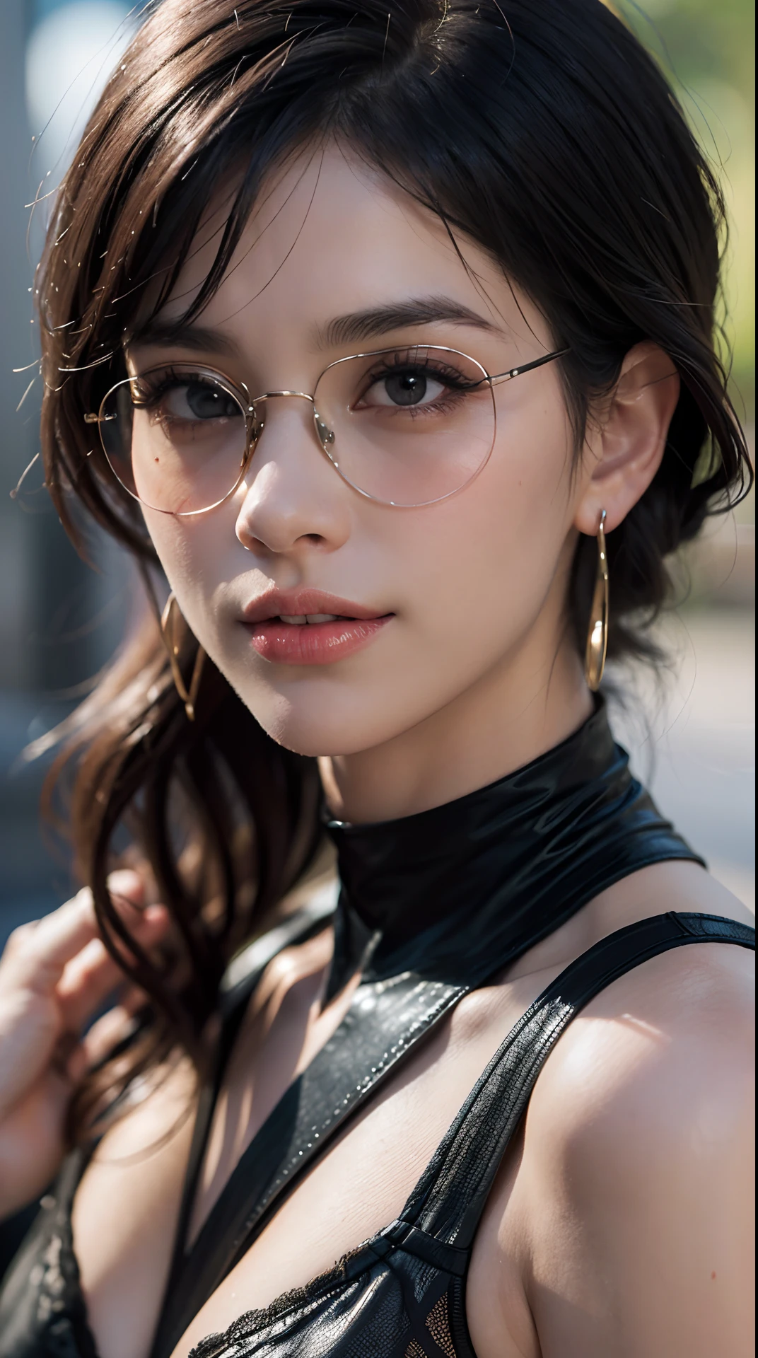 (best quality,4k,8k,highres,masterpiece:1.2),ultra-detailed,(realistic,photorealistic,photo-realistic:1.37),beautiful expressive eyes,long eyelashes,beautiful detailed lips,detailed hair and face,friendly smile,clean and flawless skin,(oversized tits),Short hair,(Earrings, chokers, stylish clothes, Style-enhancing sunglasses),