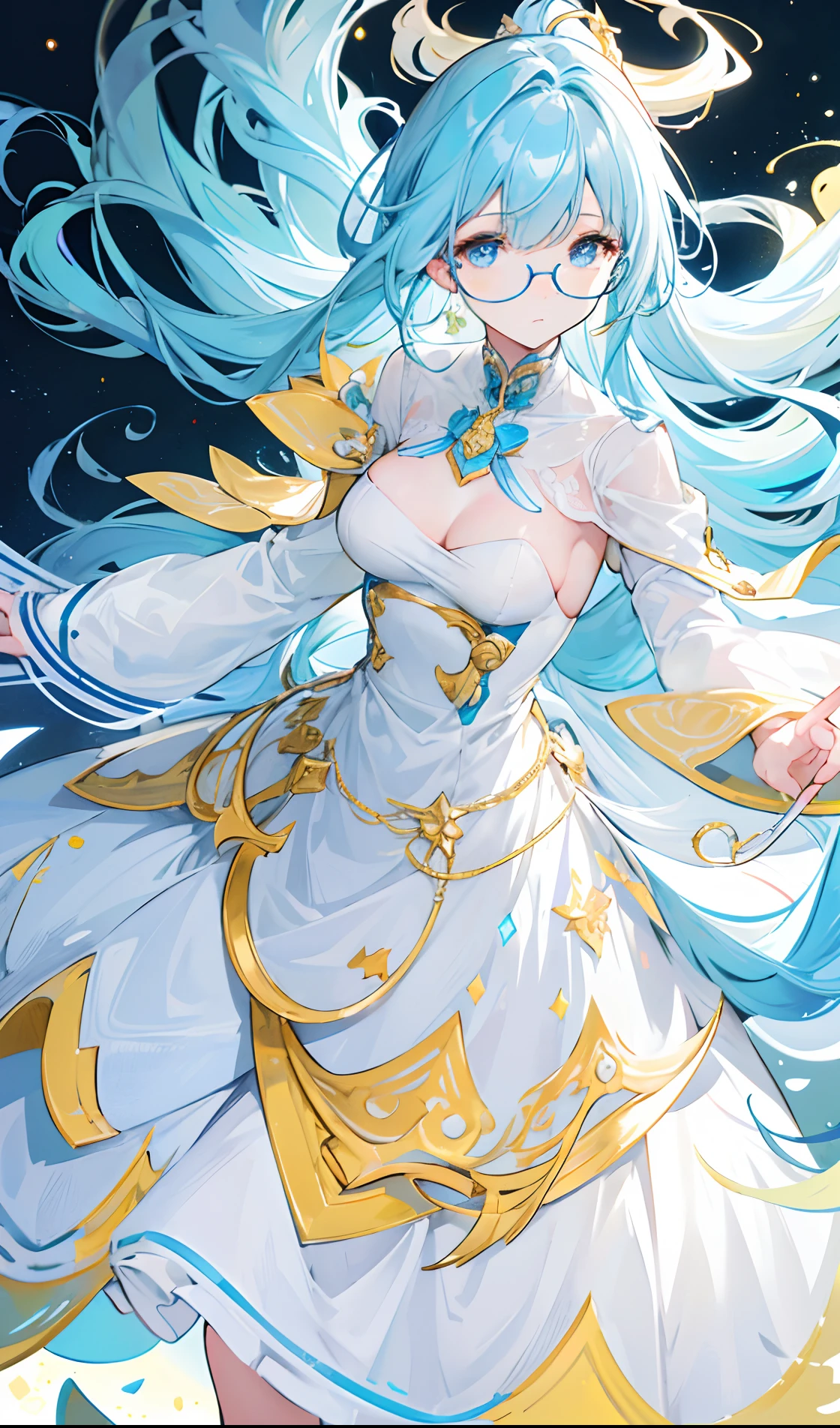 Long light blue hair，White glasses，Various light blue with light yellow princess dresses look a little intellectual and cute, Poor and simple yellowish pigtail，Glowing，black-frame glasses，Various light yellowish white with light golden yellow dresses look a little cute,The eyes are a brilliant golden yellow，Fluorescent，Poor milk and simple，There is fluorescence on the whole