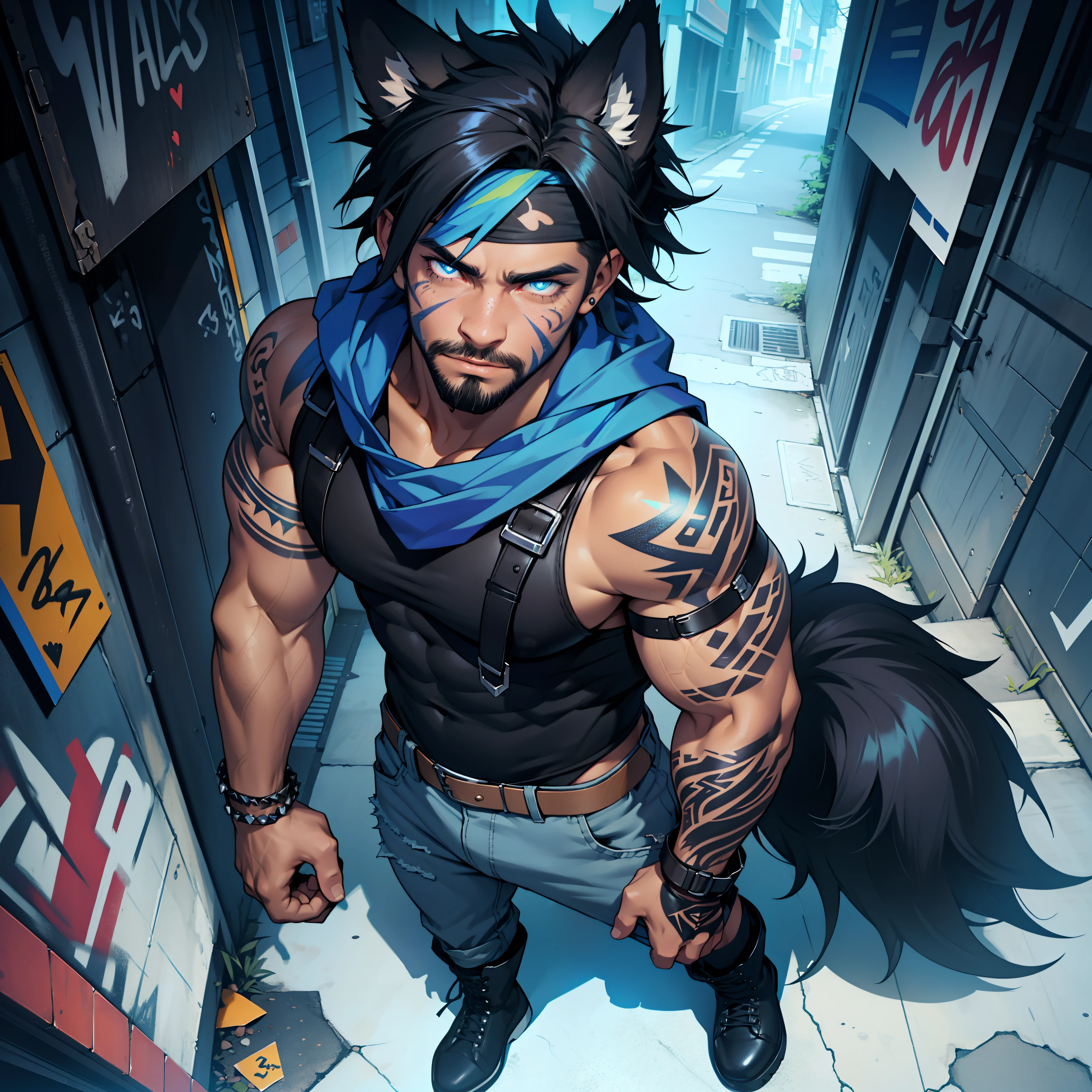Jason Mamoa, Wearing torn jeans, has long white hair, There are wolf ears, There is a wolf tail, covered in sweat, There are some wolf tattoos, Walk down the alleys, cute look, perfect, Handsome, masterpiece, Topless, He has a short grey beard