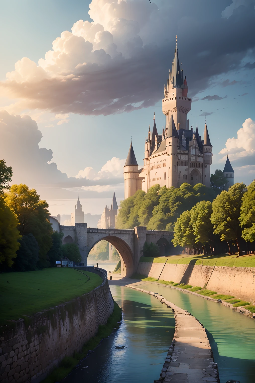 a city, with a wall and a river that runs alongside, where you can see a castle in the middle with high towers, with the road passing horsemen and carts