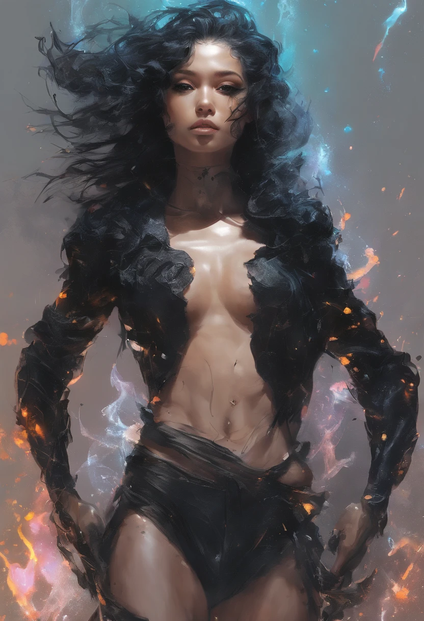 Perfect centralization, Fantastic black goldfish, alegria, Standing position, beleza abstrata, Centrado, looking at the camera, Facing the camera, Approaching perfection, Dynamic, altamente detalhado, liso, foco nítido, 8k, alta resolução, illustration, arte de Carne Griffiths e Wadim Kashin, Personagem Goldfish, fundo com pinceladas aparentes, fundo com cores fragmentadas, tons vívídos, fundo com nebulosas de tinta, Garota de com olhar sexy, fleshy lips, paraguaia, brasileira, olhos cor de mel, cabelos pretos, longos e bonitos, Fantastic black short dress, Athletic physique in shape, extremamente detalhado,