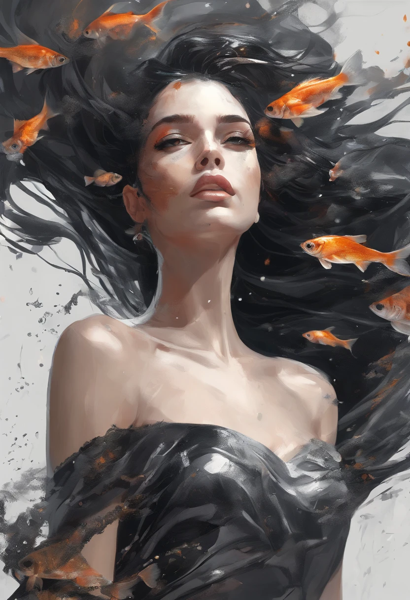 Perfect centralization, Fantastic black goldfish, alegria, Standing position, beleza abstrata, Centrado, looking at the camera, Facing the camera, Approaching perfection, Dynamic, altamente detalhado, liso, foco nítido, 8k, alta resolução, illustration, arte de Carne Griffiths e Wadim Kashin, Personagem Goldfish, fundo com pinceladas aparentes, fundo com cores fragmentadas, tons vívídos, fundo com nebulosas de tinta, Garota de 17 anos com olhar sexy, fleshy lips, paraguaia, brasileira, olhos cor de mel, cabelos pretos, longos e bonitos, Fantastic black short dress, Athletic physique in shape, extremamente detalhado,