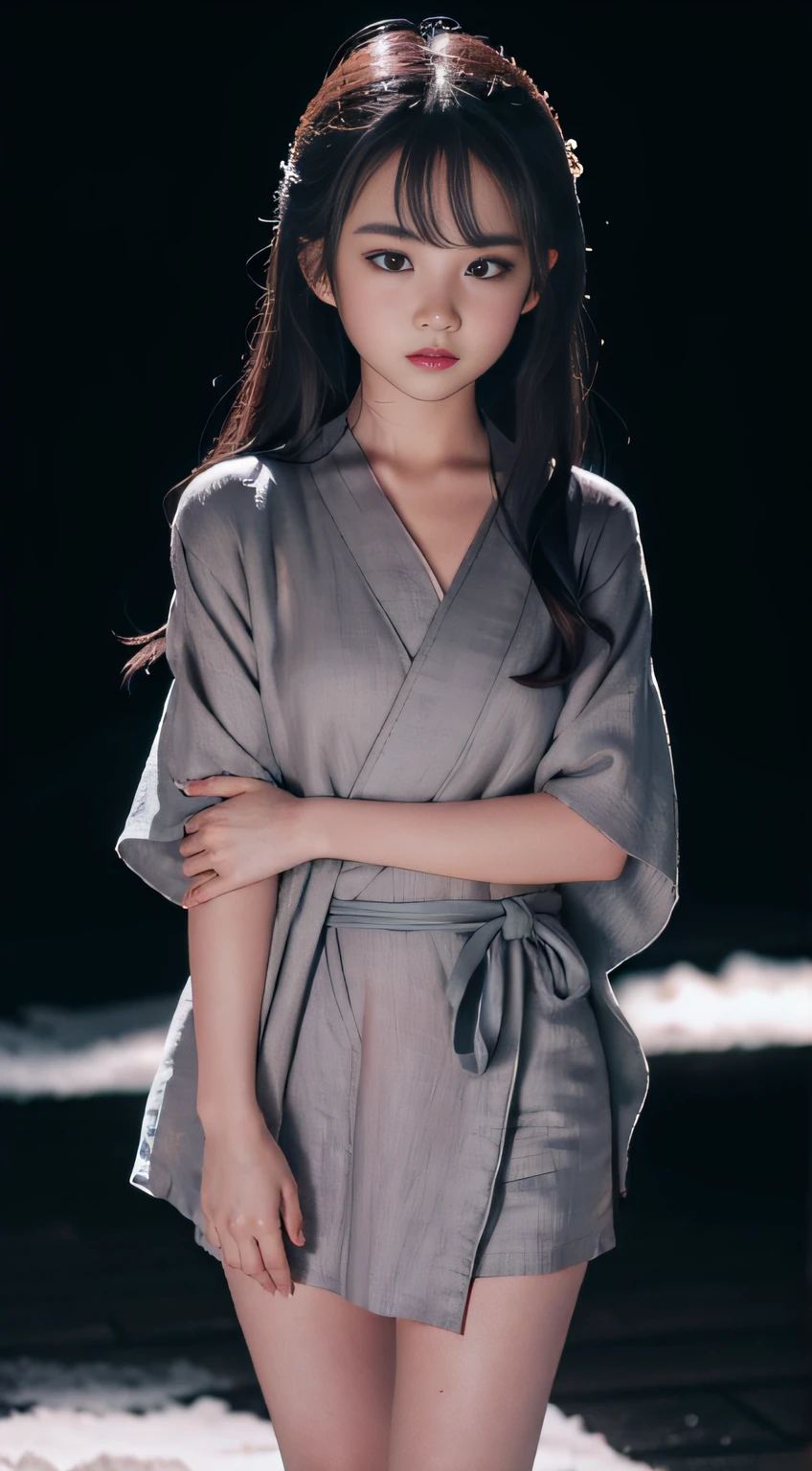 ((Best quality, 8K, Masterpiece :1.3)), Sharp focus:1.2 ， Photorealsitic，(Cinematic lighting)，Facial detail texture. Eye details. Double eyelids, Slender body. Super small breasts, Sexy collarbone，12-year-old girl, photo-realistic:1.37，Perfect eyes, ((1 Girl in dark gray yukata))，（white sash），(Ultra-thin fabric)，((Ragged linen))，With a petite figure，brunette color hair，Long hair draped loosely，Qi bangs，standing in the snow，The barefoot，Full body like，short- sleeved，short  skirt，Exposing thighs，folds，((solid color backdrop))，is shy，Be red in the face