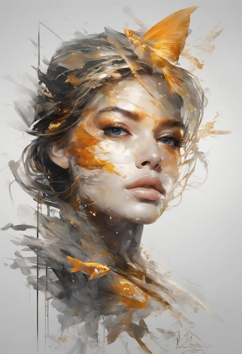 Perfect centralization, Fantastic Black Golden Beams, alegria, Standing position, beleza abstrata, Centrado, looking at the camera, Facing the camera, Approaching perfection, Dynamic, altamente detalhado, liso, foco nítido, 8k, alta resolução, illustration, arte de Carne Griffiths e Wadim Kashin, Personagens de Goldfish, feixes laranja, feixes pastel, rosto realista