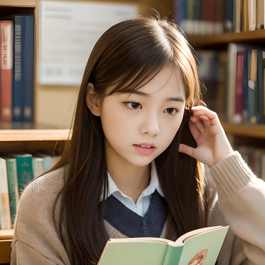 Top image quality、high-level image quality、In school library, High school girl quietly reading a book, Creating an atmosphere that makes you feel autumn. Describe her facial expressions and surrounding environment in detail.
