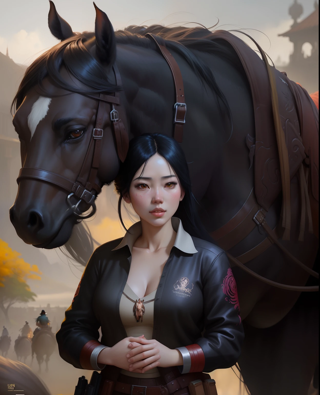 Hay una mujer de pie junto a un caballo en una pintura, Obras de arte al estilo de Guweiz, por Yang J, Artgerm y Atey Ghailan, Ruan Jia y ArtGerm, Guweiz, por Li Song, por Russell Dongjun Lu, Artgerm y Ruan Jia, por Ni Tian, Hermosa pintura de personajes